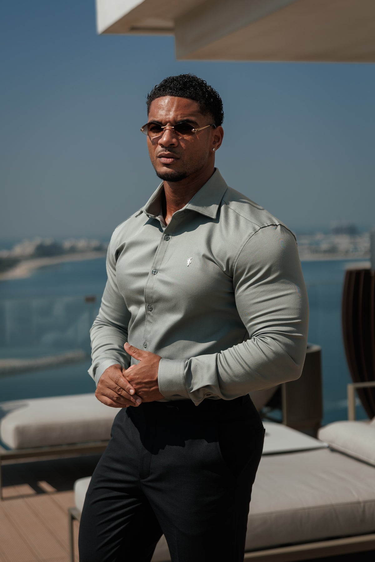 Super Slim Stretch Sage Green Denim Long Sleeve with Silver Metal Decal and Cutaway Collar - FS1318