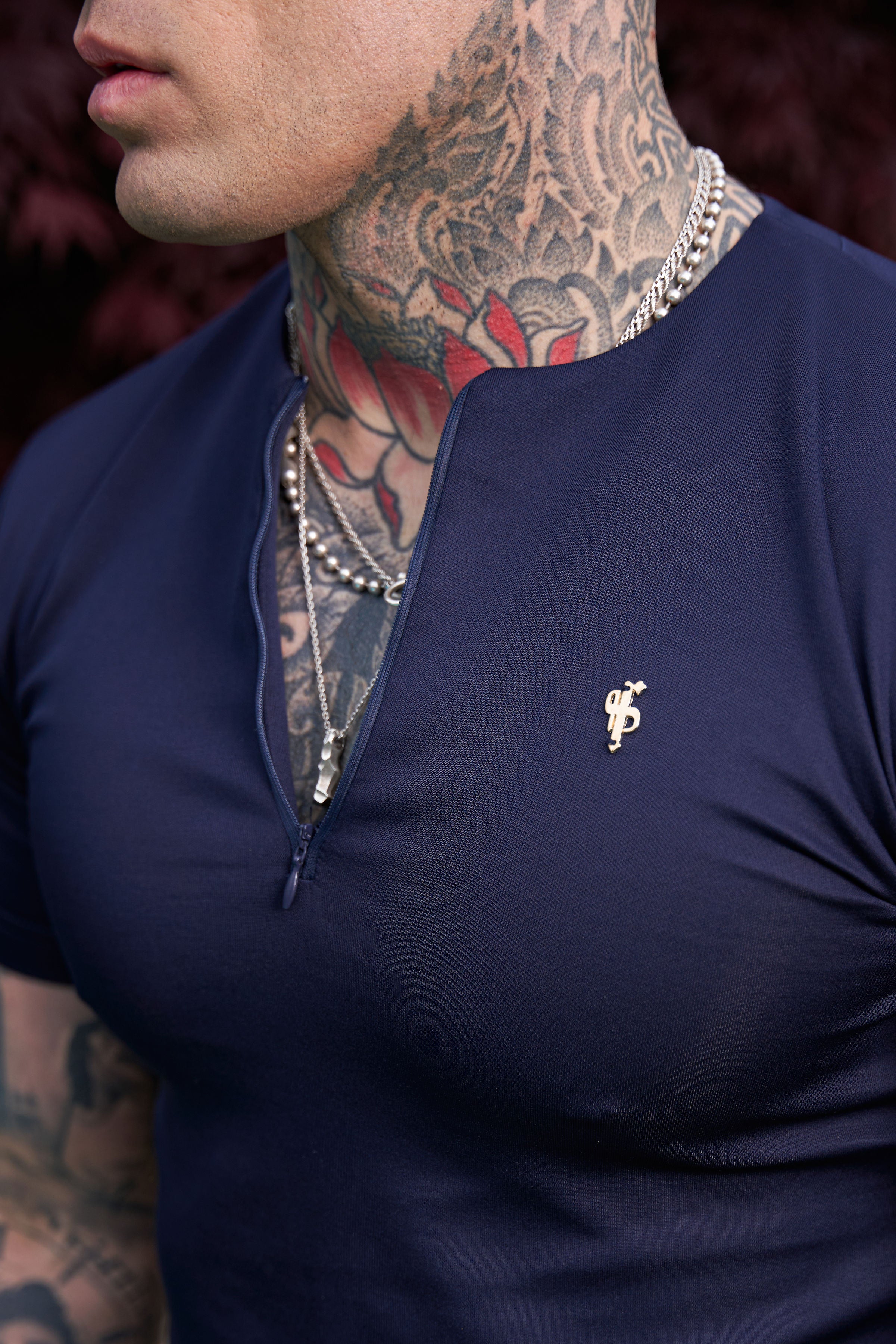 Scuba Navy / Gold Crew T Shirt With Zip Detail Short Sleeve - FSH1033