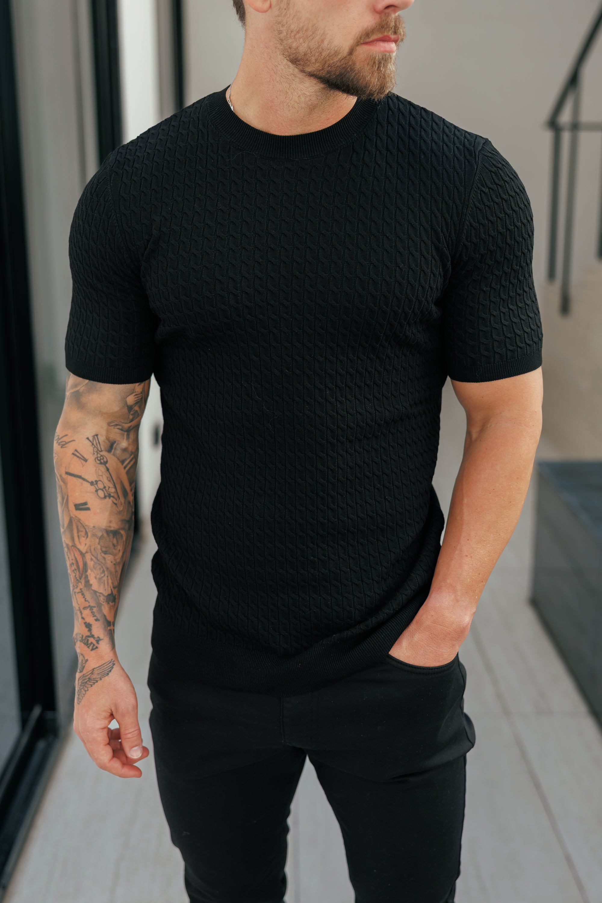 Front Chain Knit Crew Tshirt Black Short Sleeve  -  FSR055