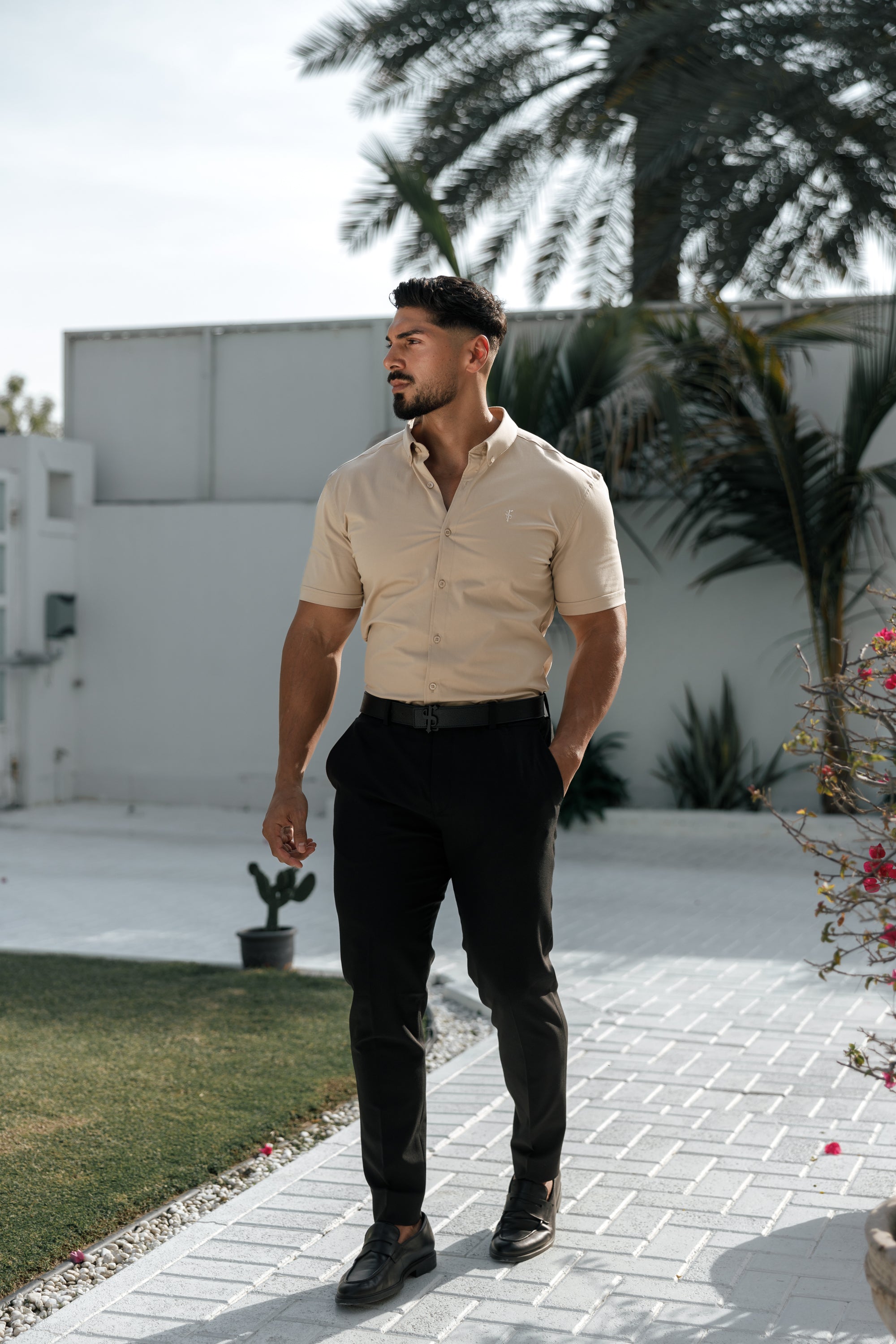 Super Slim Stretch Plain Beige Short Sleeve With Button Down Collar - FS982