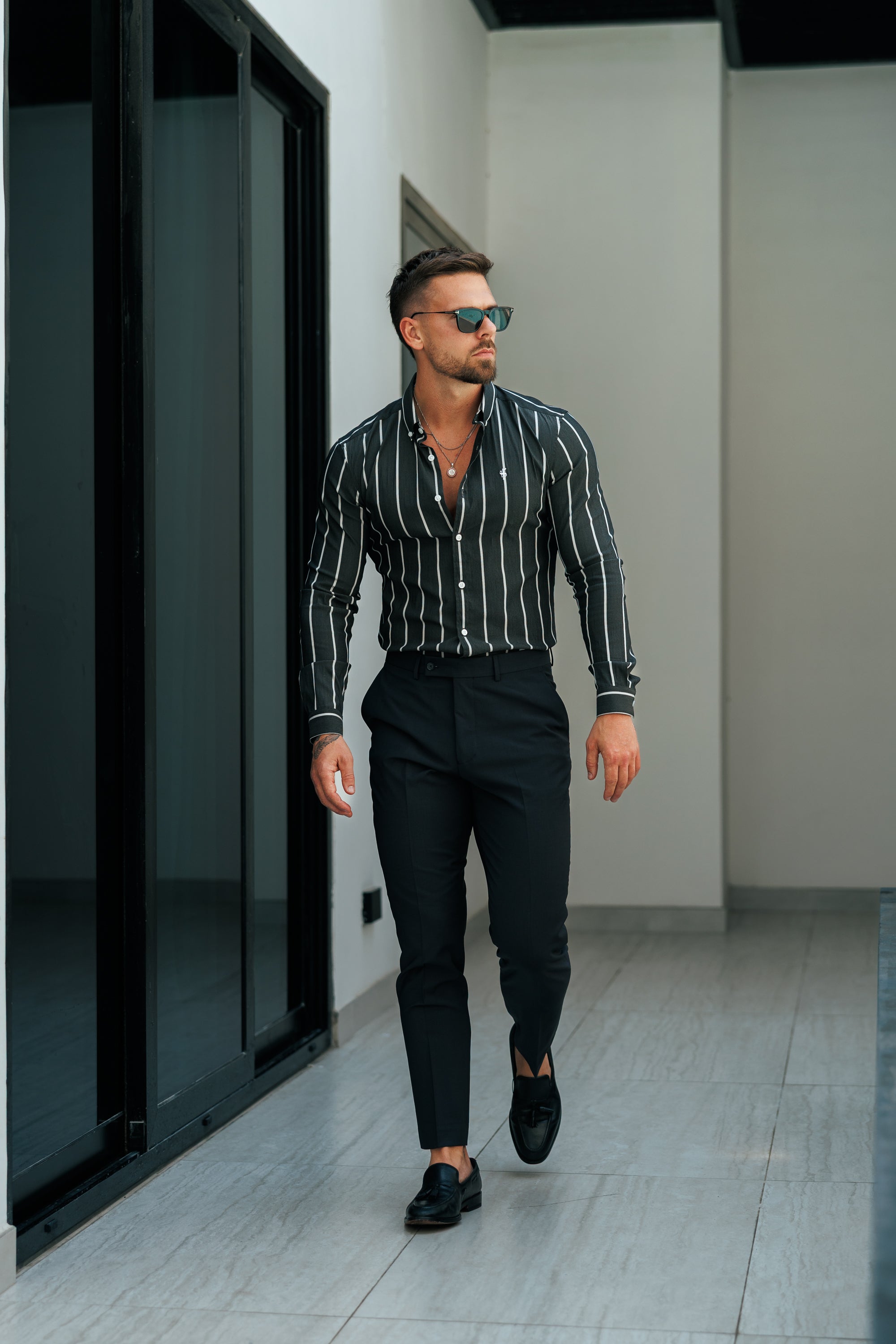 Super Slim Stretch Charcoal / White Printed Wide Stripe Long Sleeve with Button Down Collar - FS1224