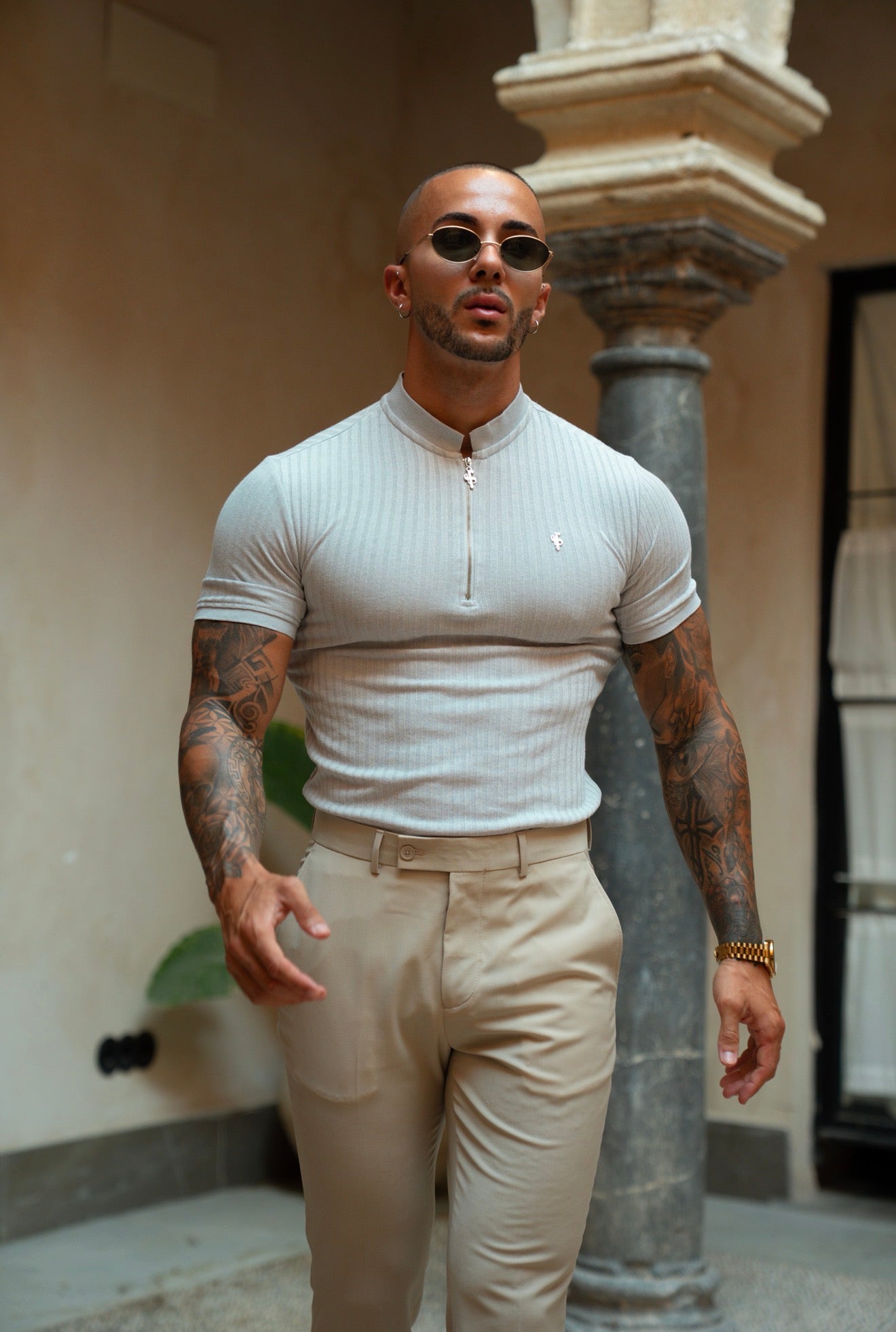 Classic Light Grey / Silver Ribbed Zip Grandad Collar Shirt Short Sleeve - FSH1449