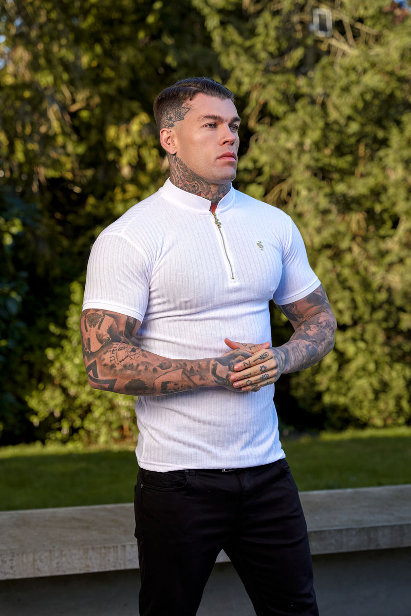 Father Sons Classic White / White Ribbed Gold Zip Grandad Collar Shirt Short Sleeve - FSH915