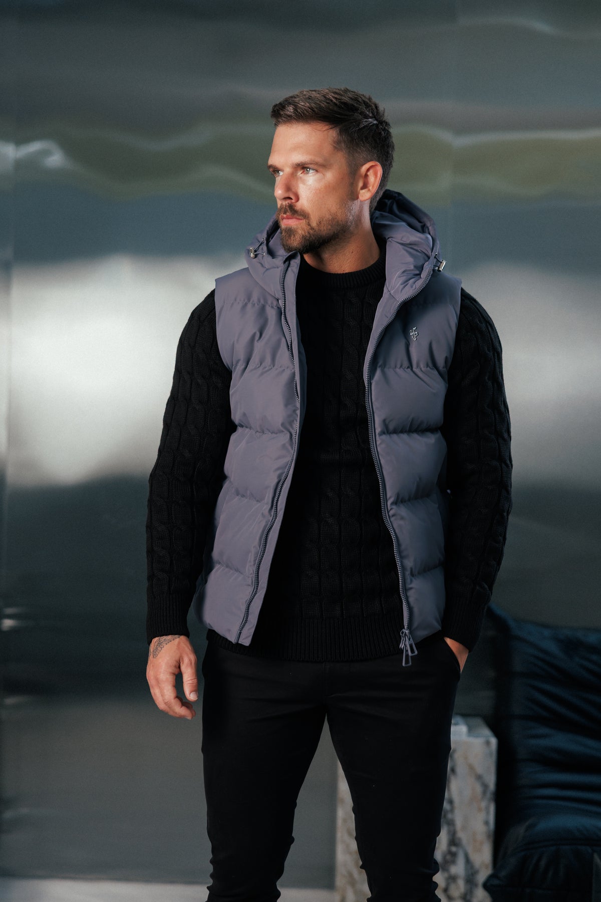 Charcoal Padded Hooded Gilet - FSN241 (PRE ORDER 24TH OCTOBER)