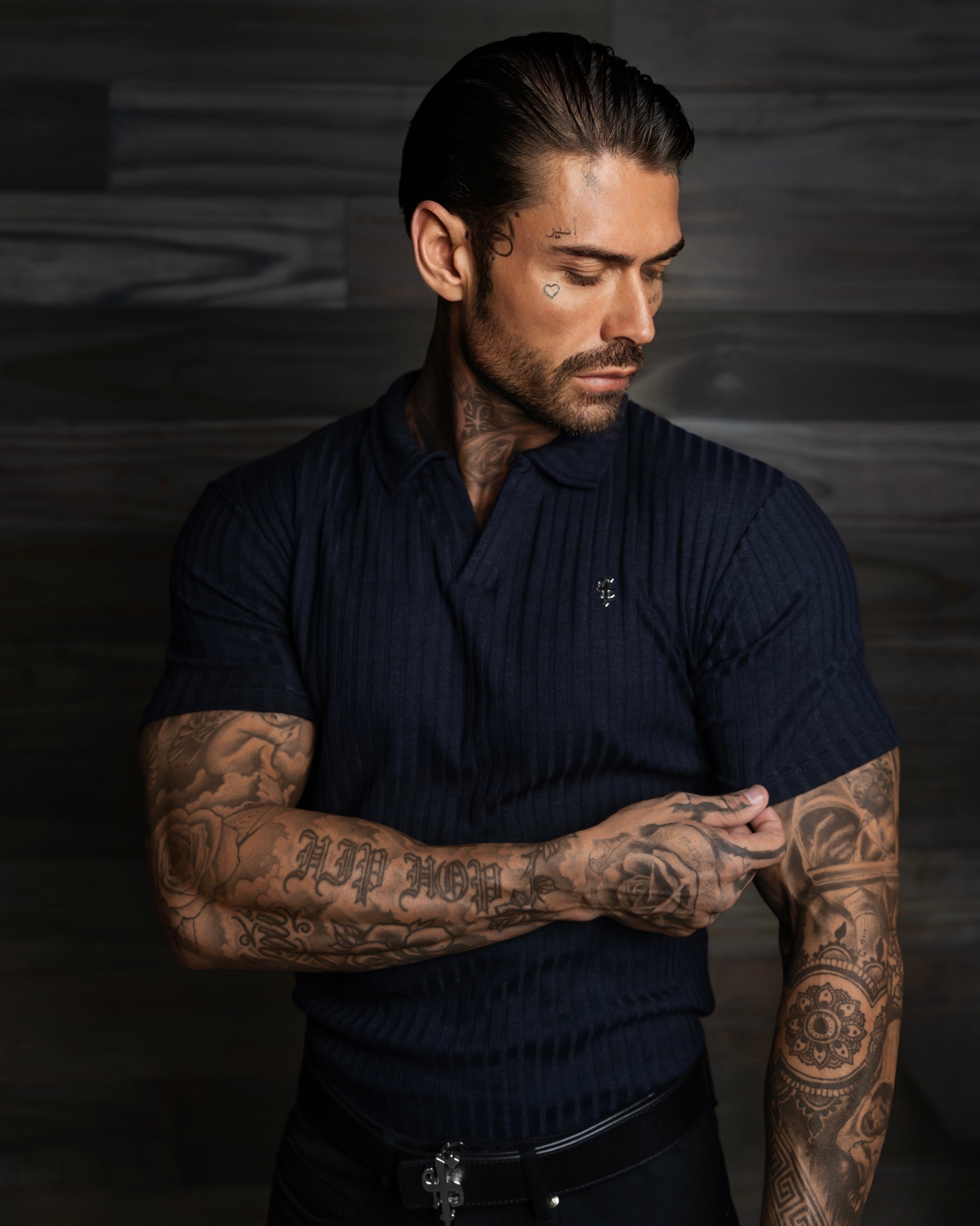 Dark Navy / Silver Ribbed Revere Short Sleeve Polo Shirt - FSH1410