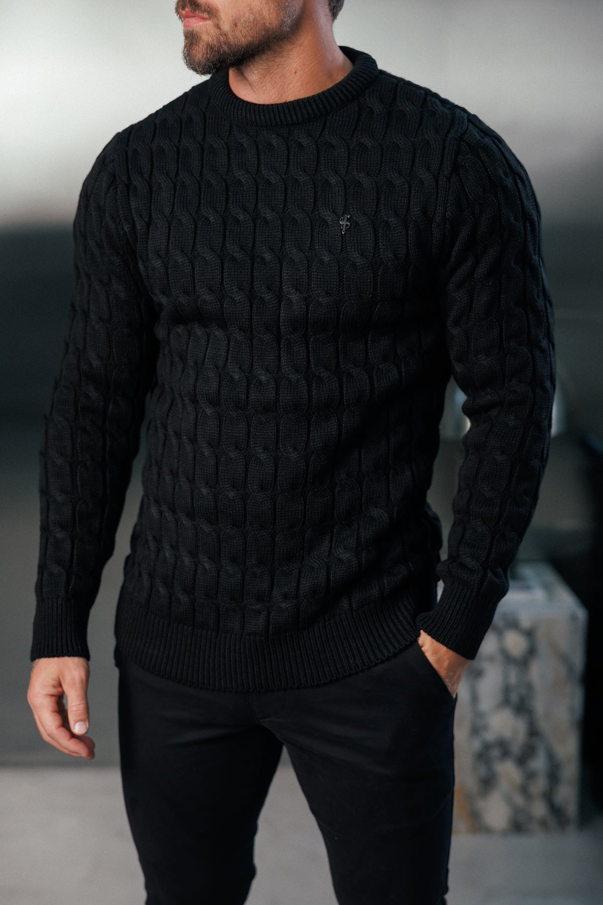 Chunky Cable Weave Knit Black Jumper - FSA055