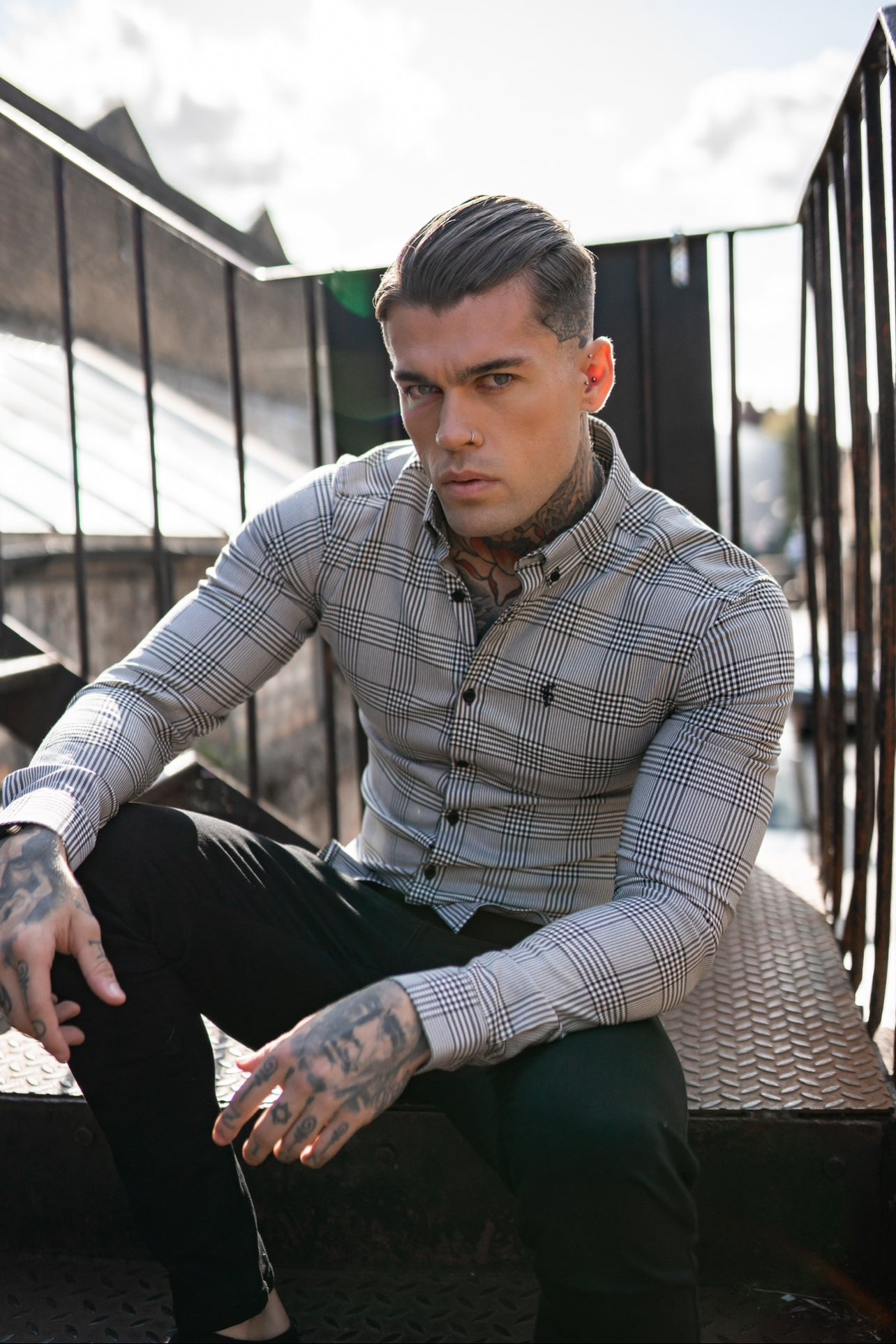 Super Slim Stretch Black and White Printed Check Long Sleeve - FS1048