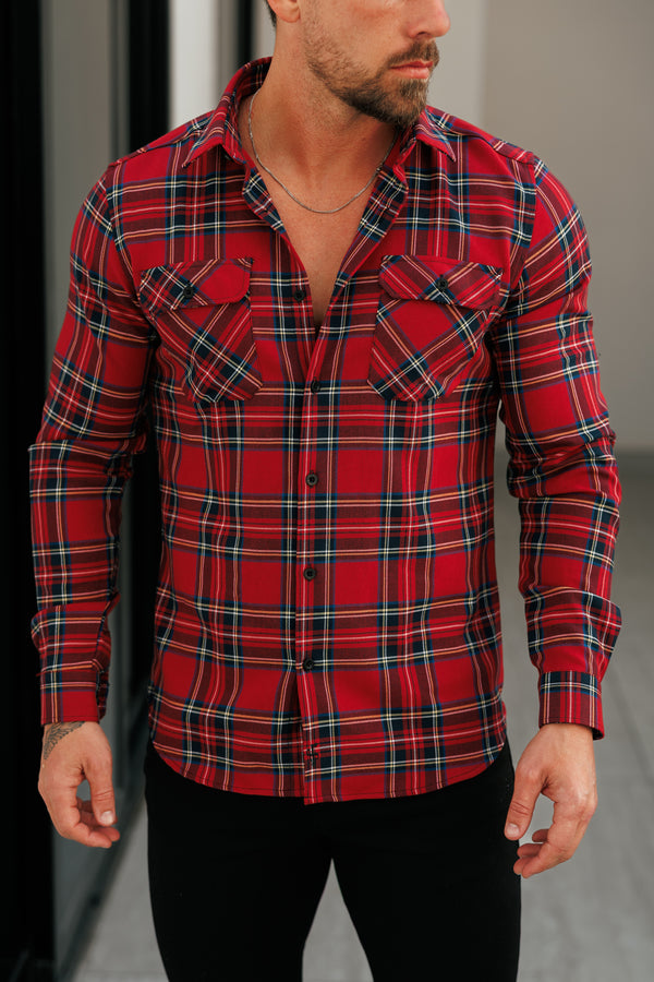 Father Sons Red Tartan Check Shacket With Double Pockets - FS1036