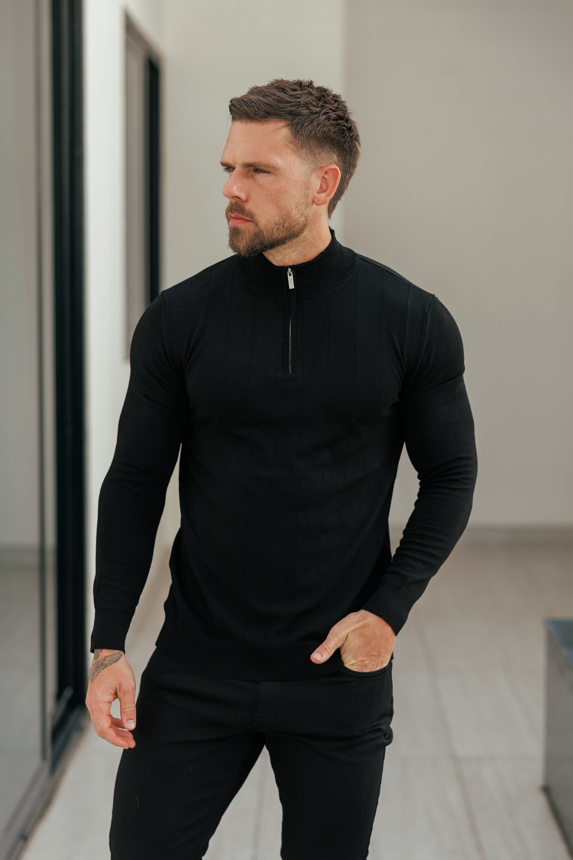 Self Stripe 1/4 Zip Funnel Neck Knit Jumper Black Long Sleeve  -  FSR050