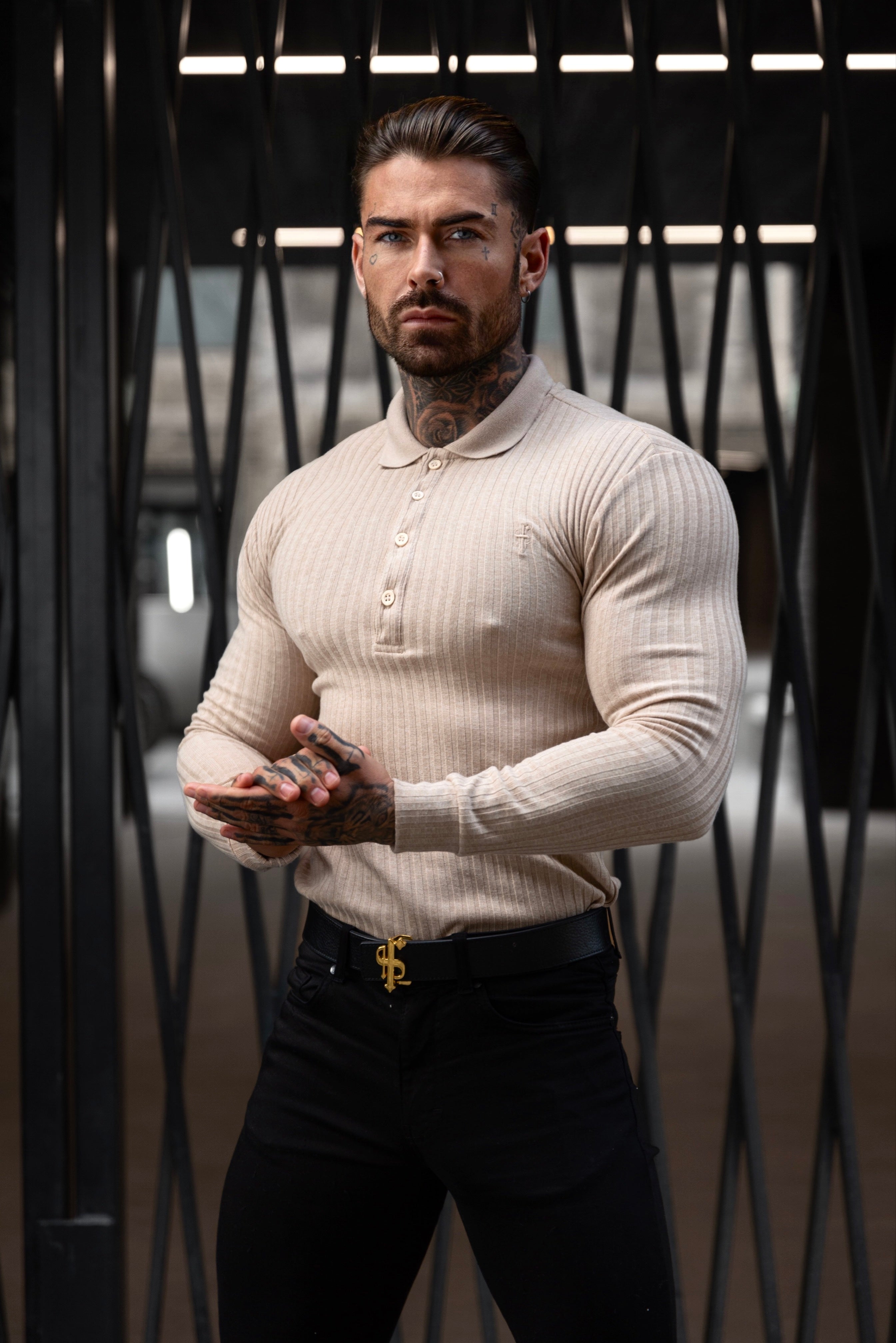 Classic Beige Ribbed Polo Shirt Long Sleeve - FSH968