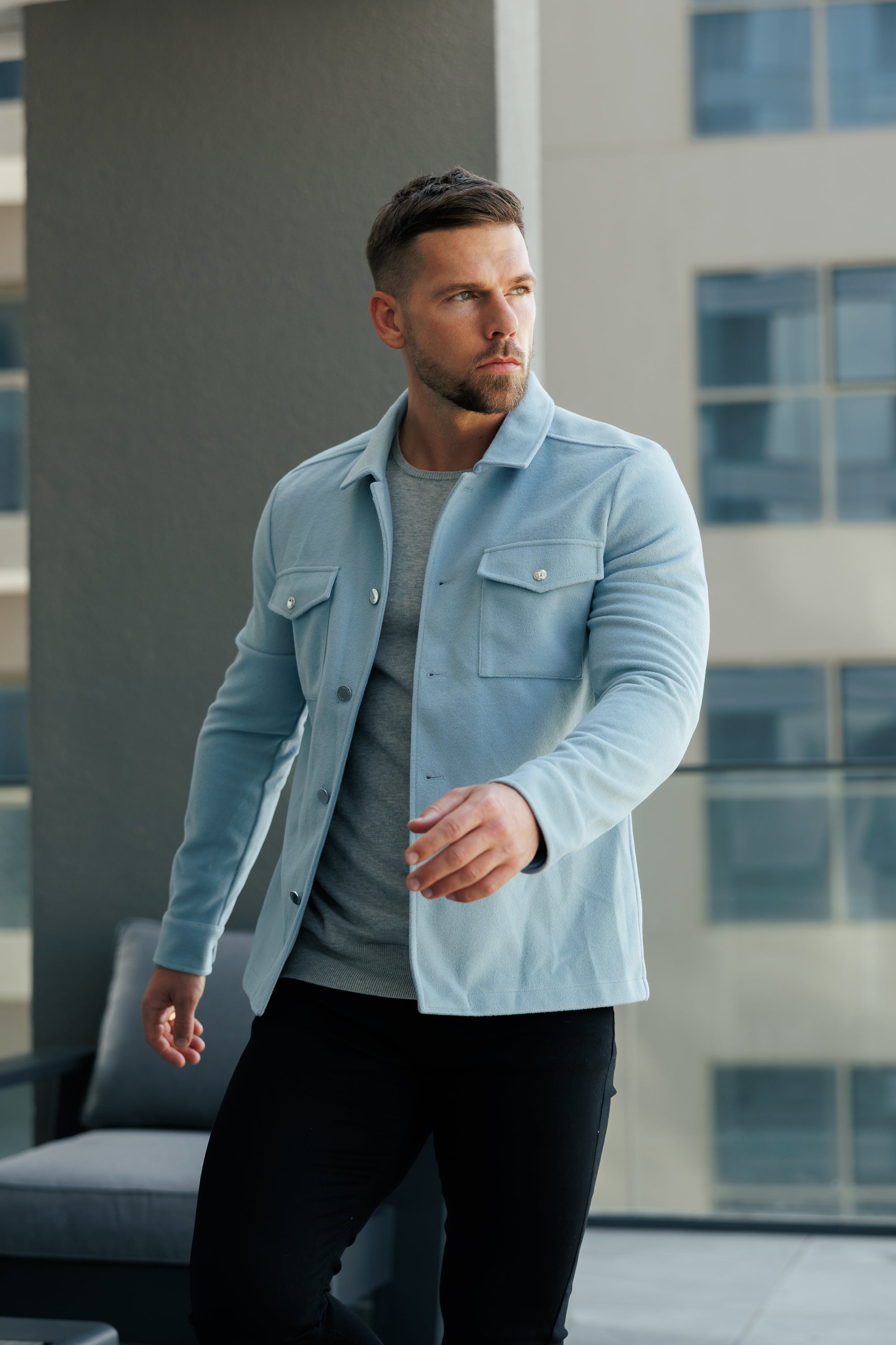 Brushed Button Up Plain Jacket Blue - FSN185