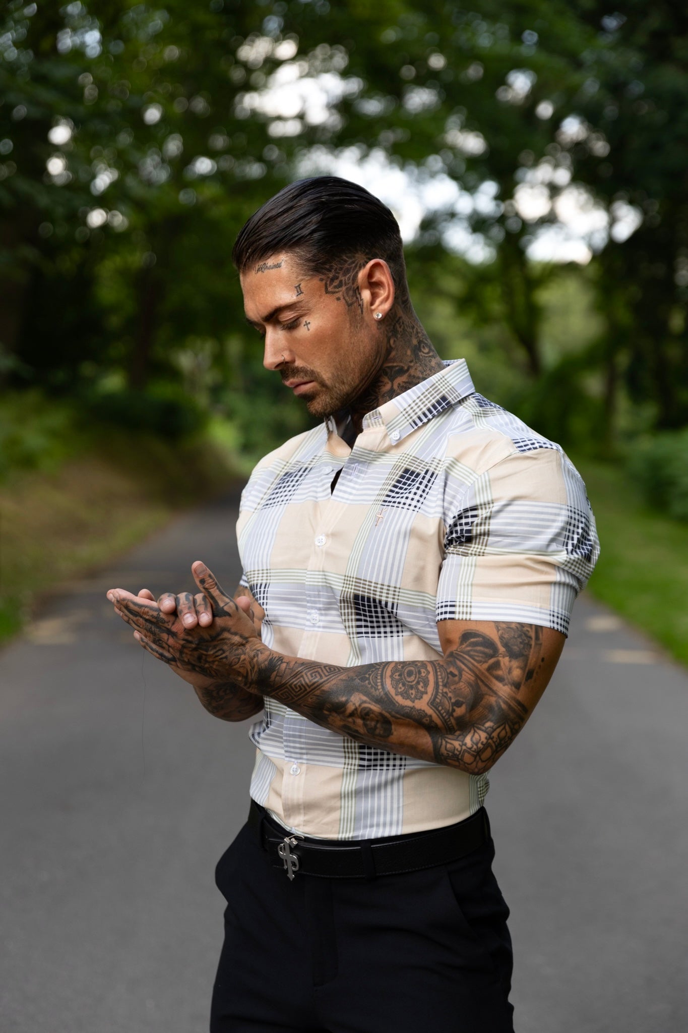 Super Slim Stretch Peach / Grey Check Print Short Sleeve with Button Down Collar - FS900