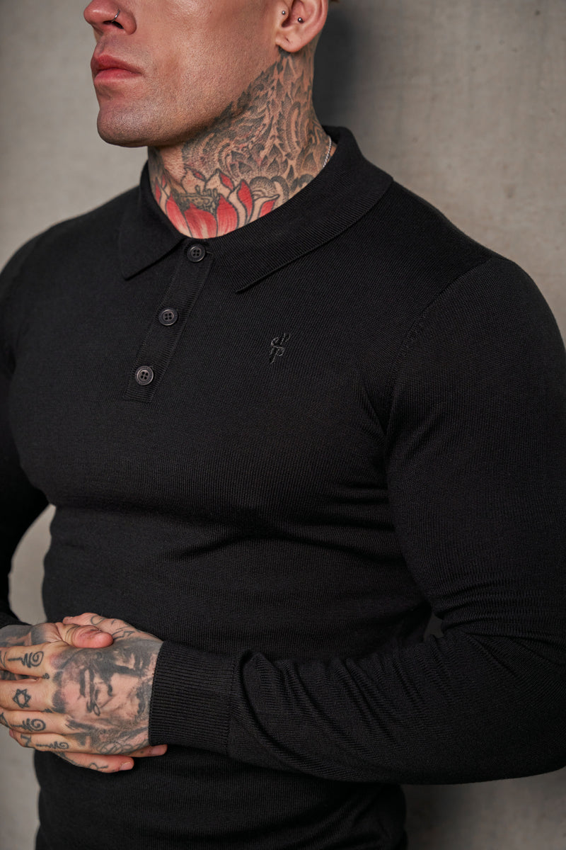 Father Sons Classic Black Knitted Polo Jumper Long Sleeve With Tonal FS Embroidery- FSN139