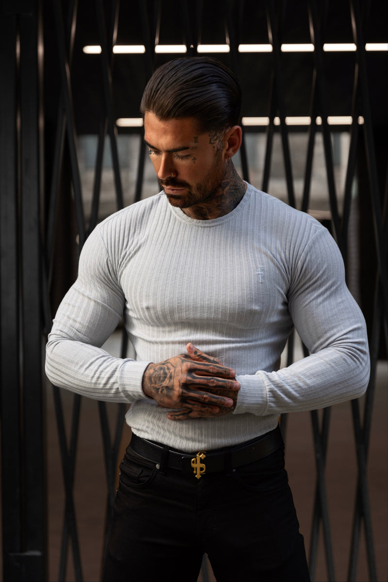 Father Sons Classic Light Grey Ribbed Knit Jumper With Tonal Embroidery - FSH948