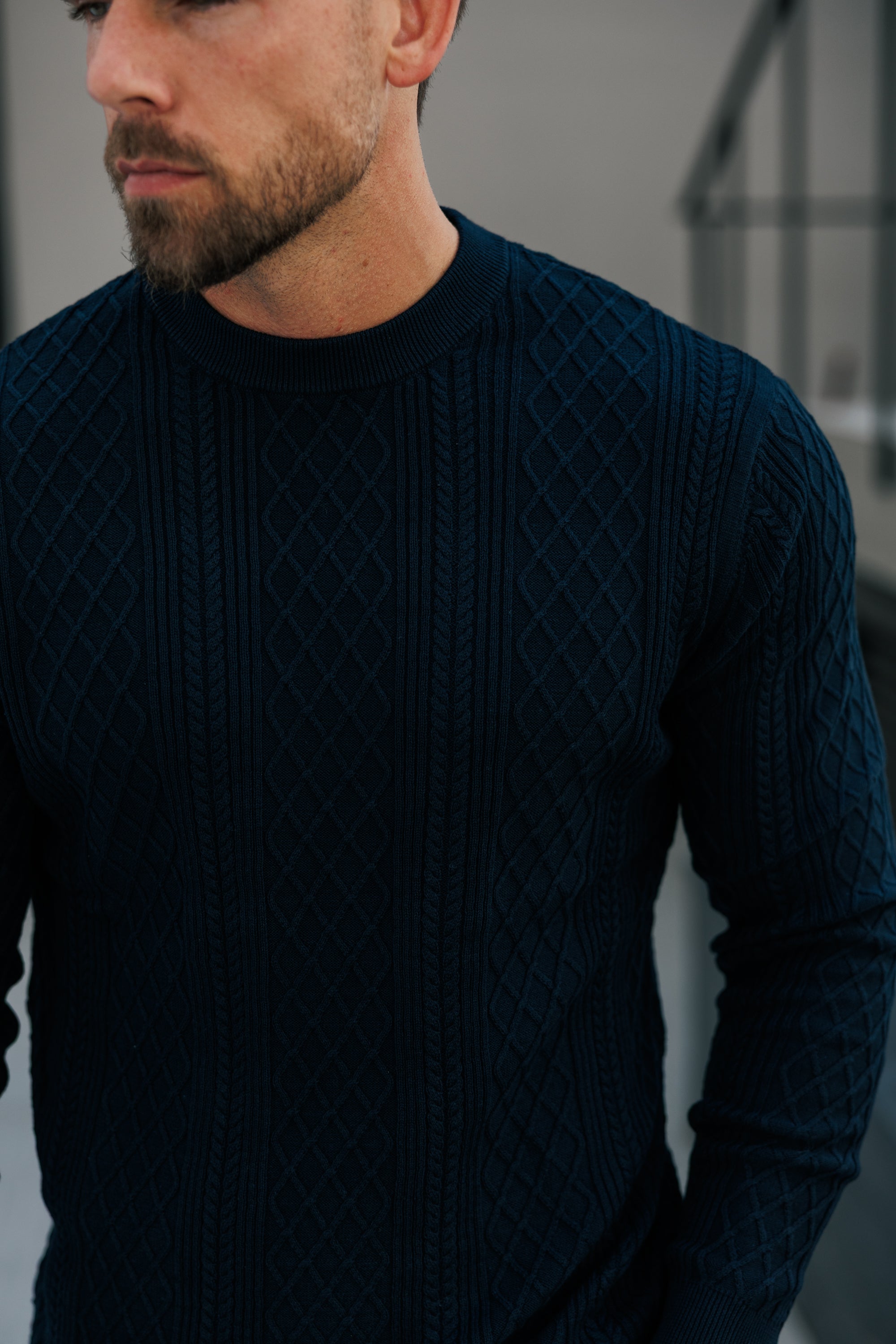 Fine Knit Diamond Navy Jumper Long Sleeve  -  FSA007
