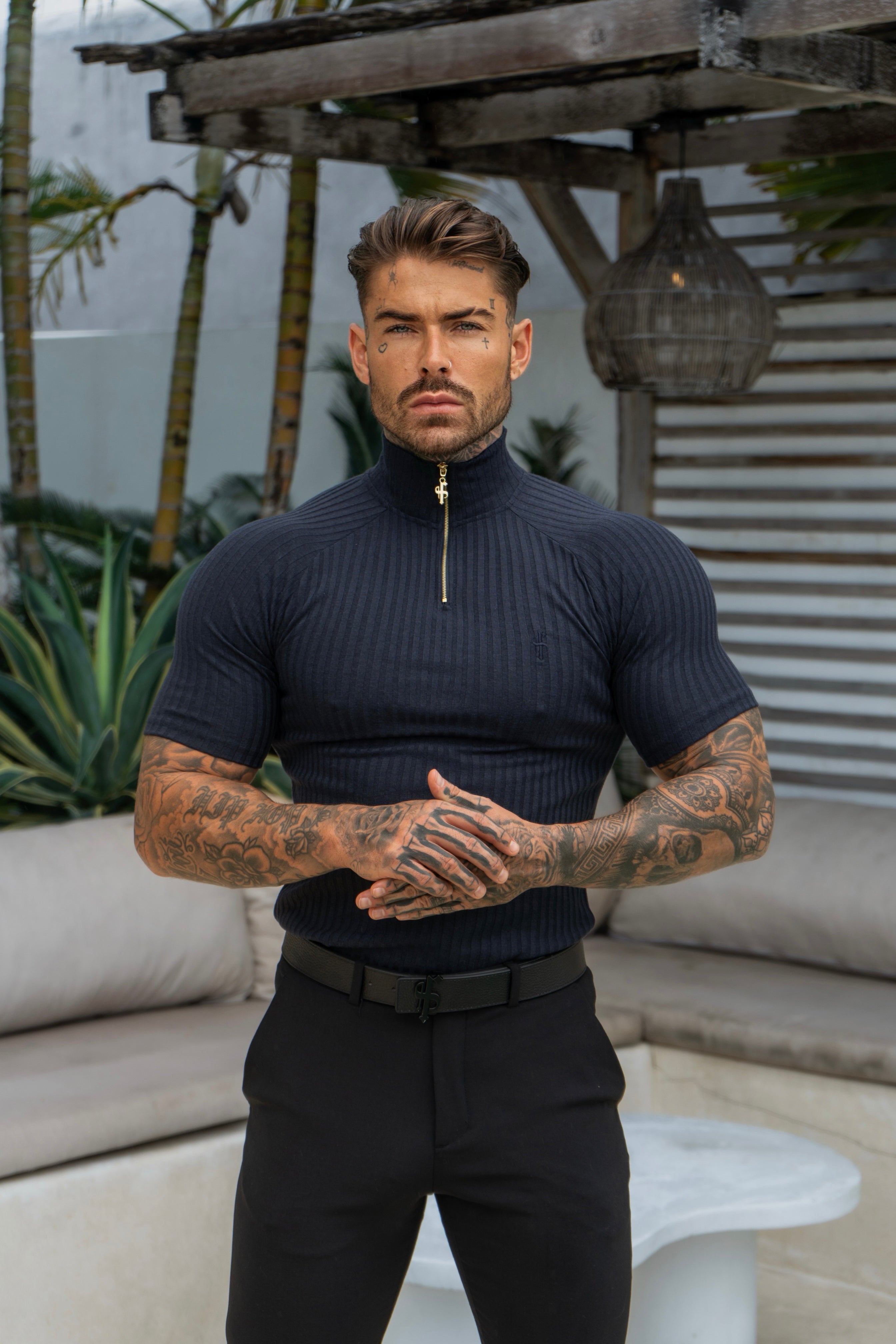 Classic Navy Ribbed Zip Funnel Neck Raglan Short Sleeve Crew - FSH1289