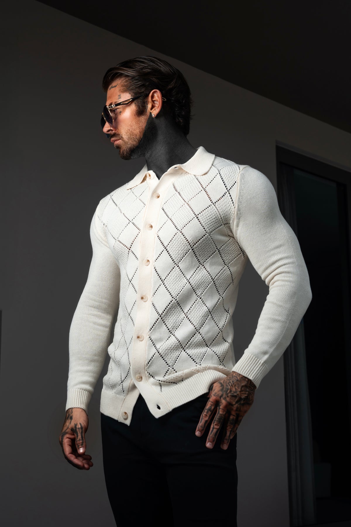 Cream Diamond Perforated Shirt Long Sleeve - FSA018