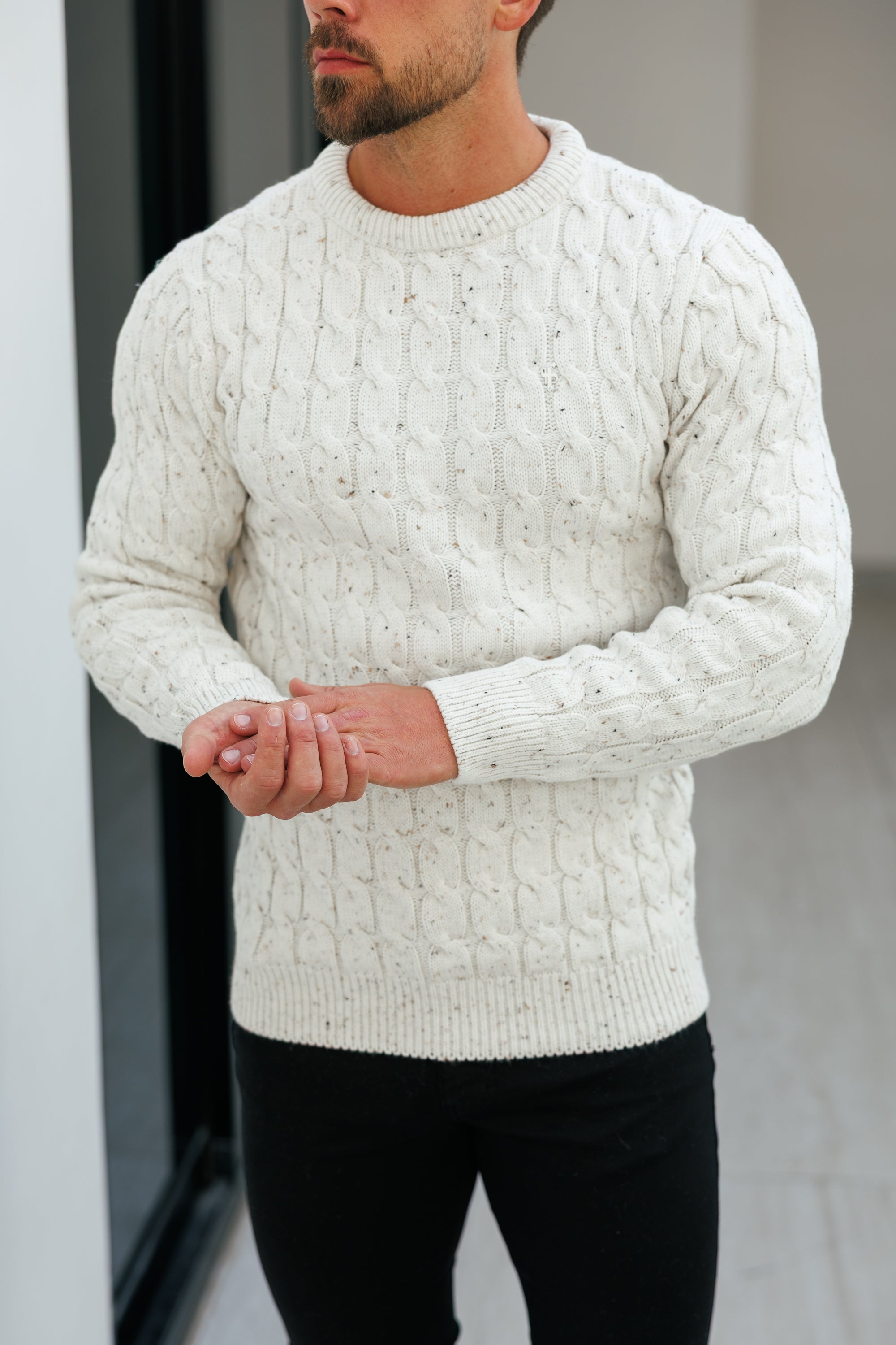 Link Weave Knit Beige Fleck Crew Neck Jumper - FSJ128