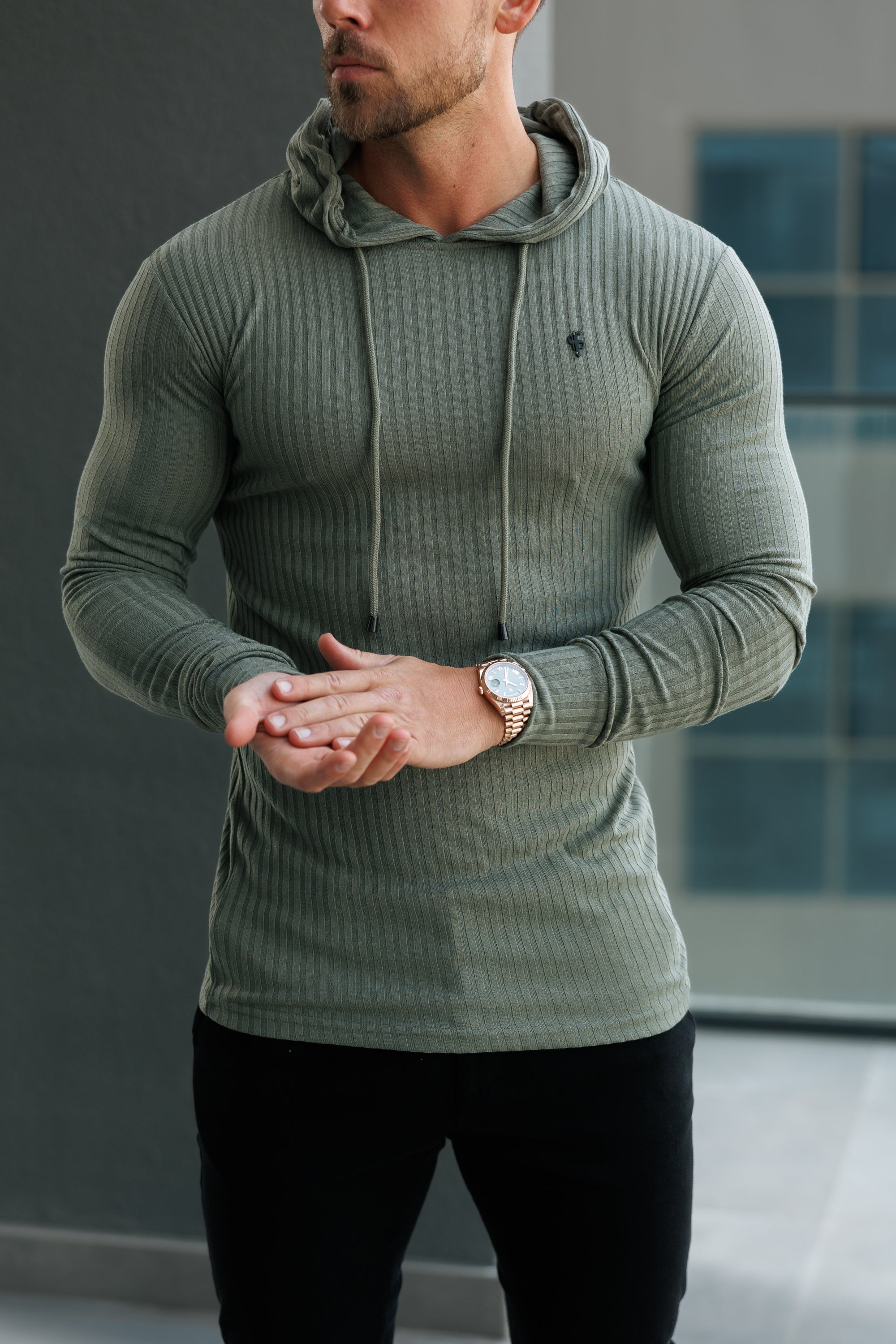 Classic Olive Ribbed Knit Hoodie Jumper With Black Emblem - FSH1308