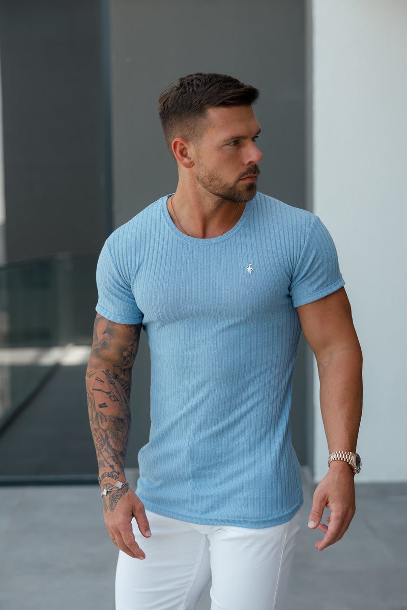 Father Sons Classic Light Blue / Silver Ribbed Knit Super Slim Short Sleeve Crew T-Shirt - FSH1087