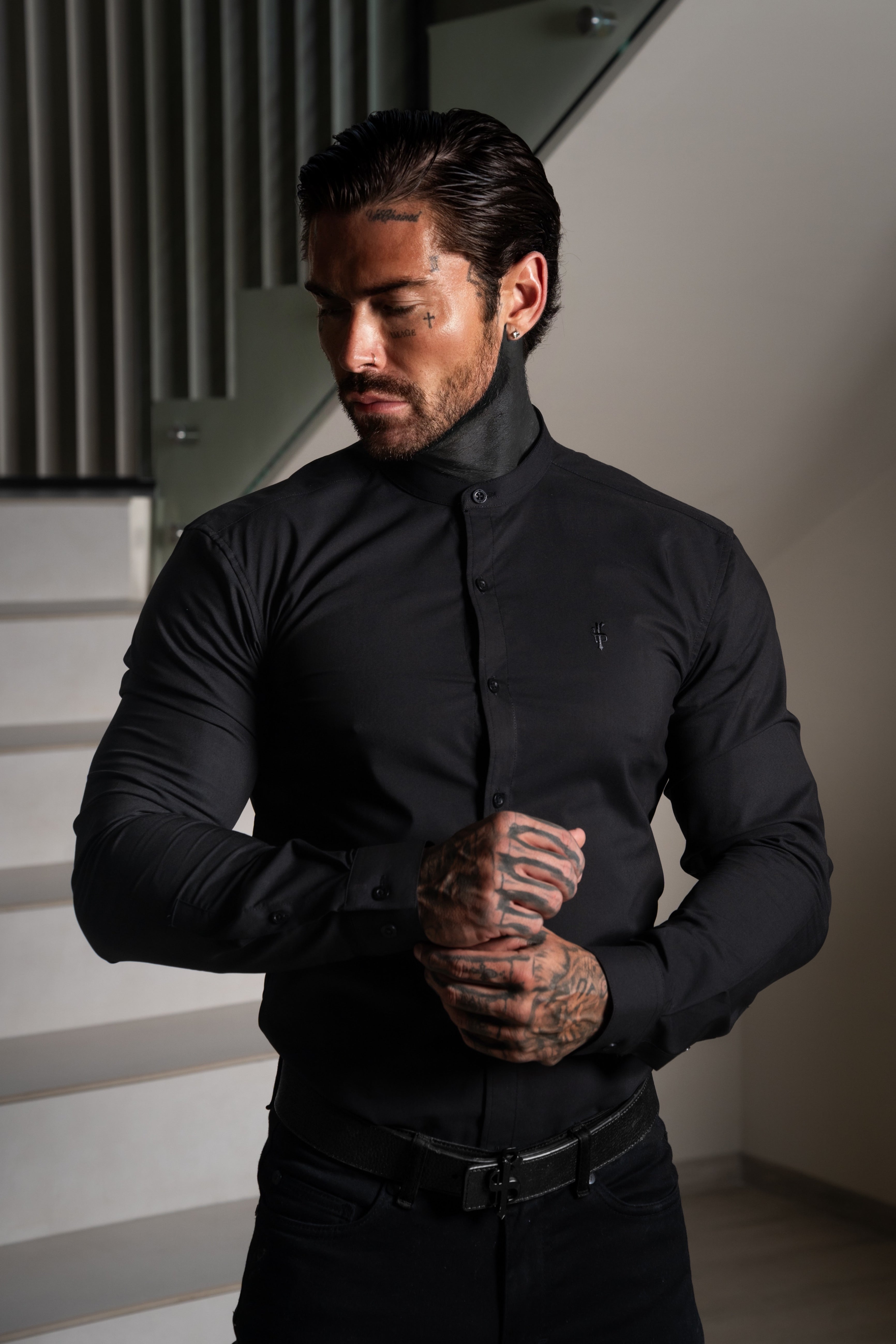 Apollo Classic Fit Stretch Black Grandad Collar Shirt  - FS1249