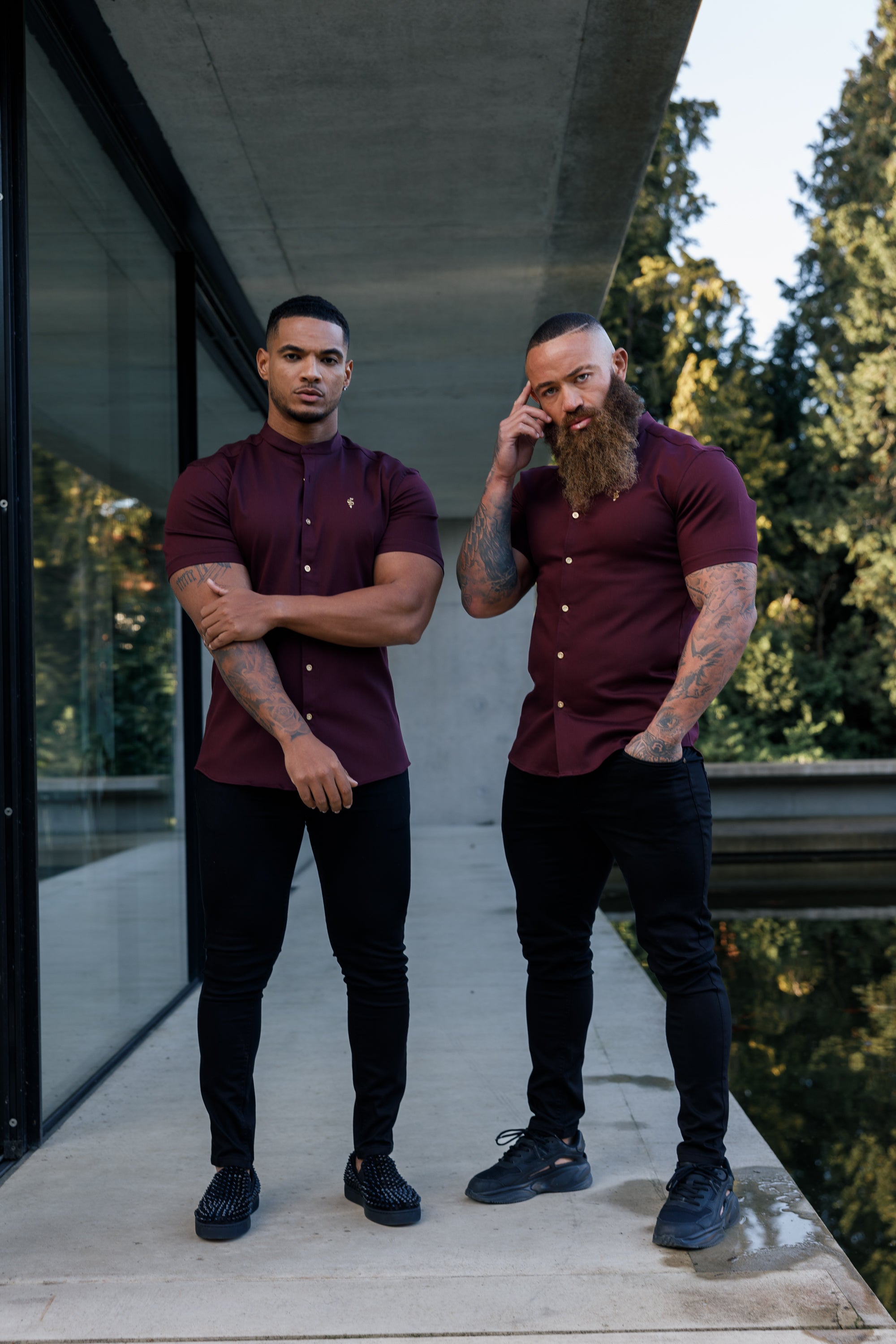 Super Slim Stretch Burgundy Denim Short Sleeve Grandad collar with Metal Buttons and Decal Emblem - FS722