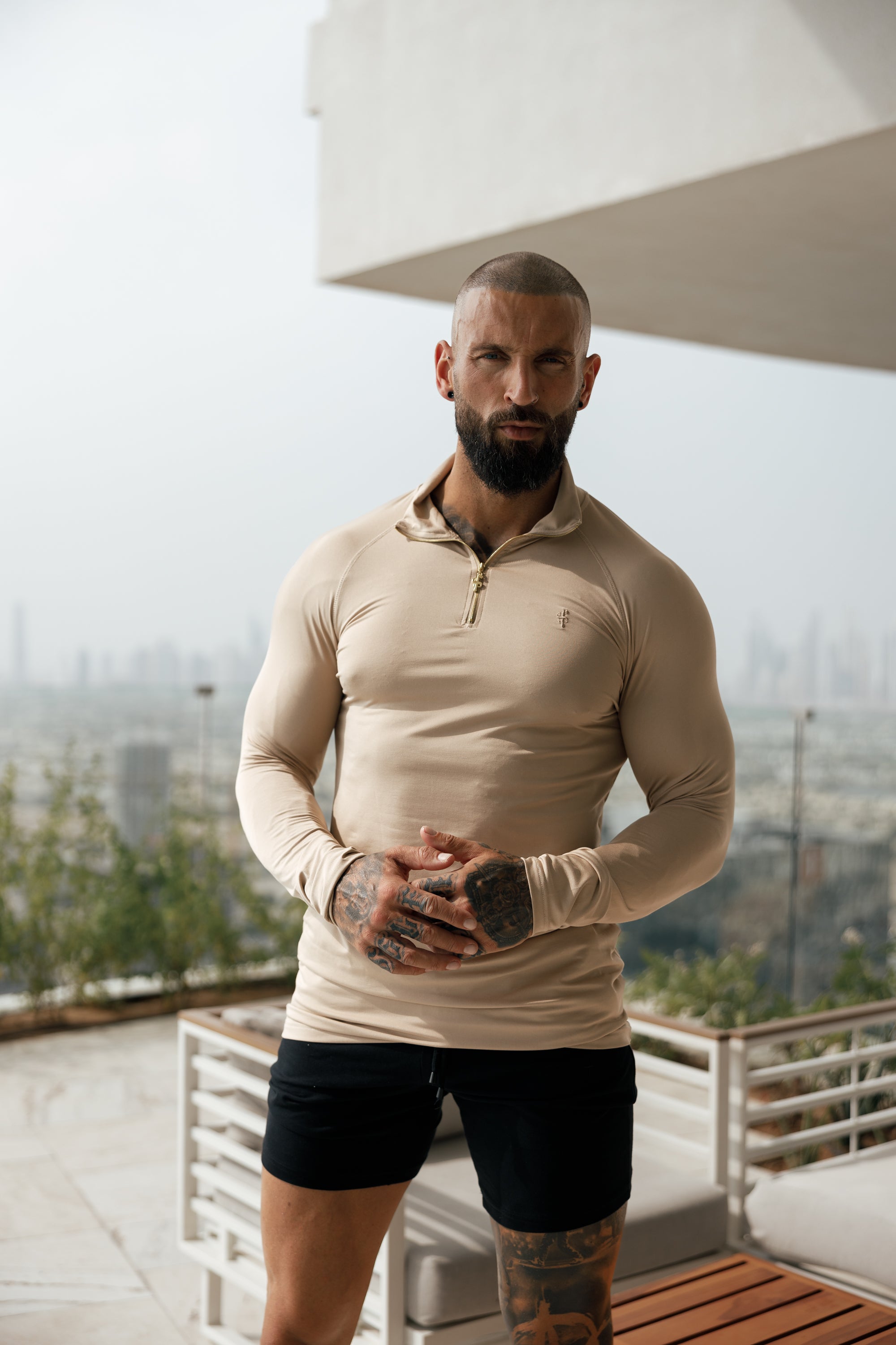 Long Sleeve Beige / Gold Half Zip Gym Top - FSH892