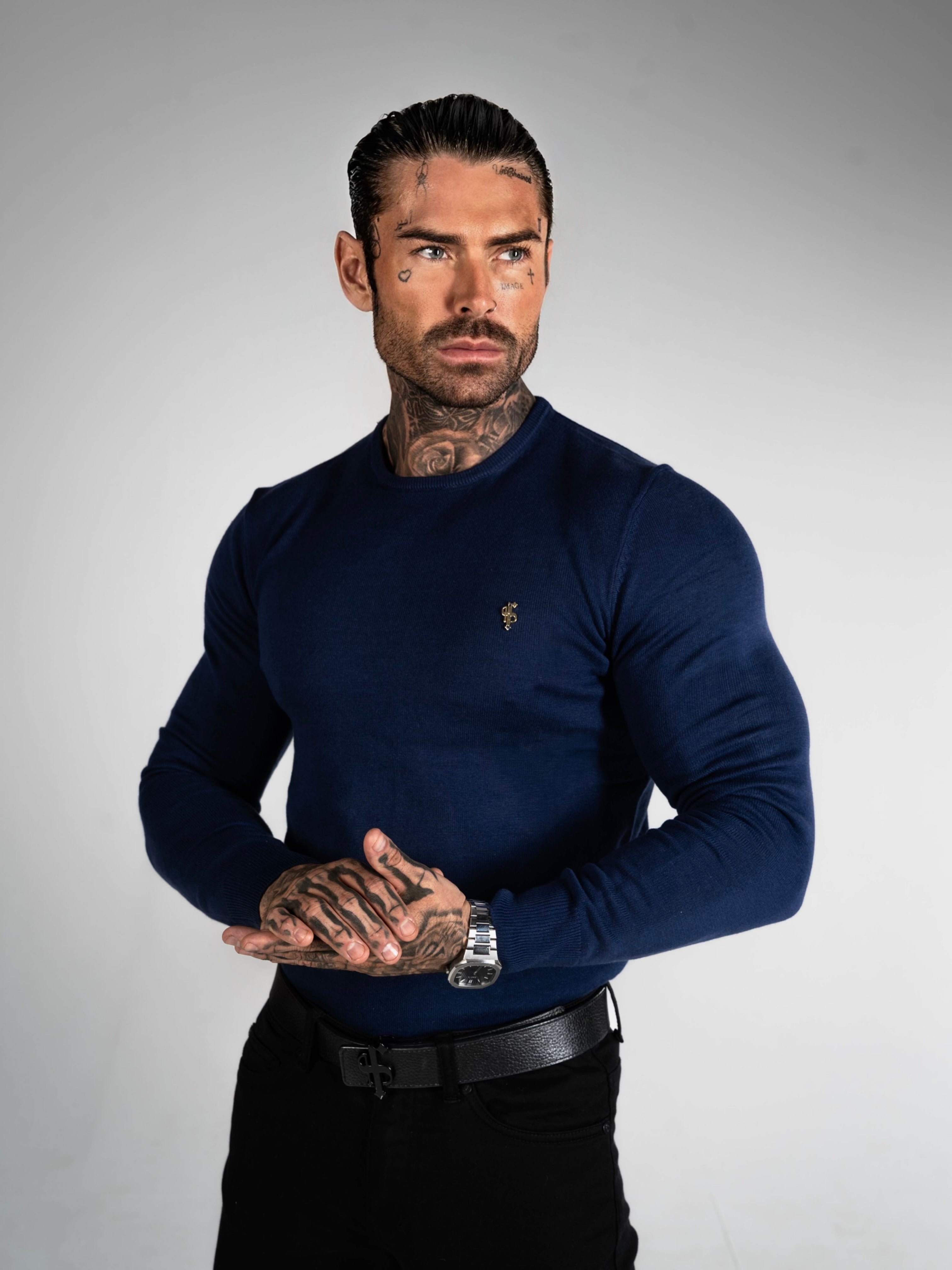 Navy Crew Neck Knitted Jumper With FS Branding - FSN197