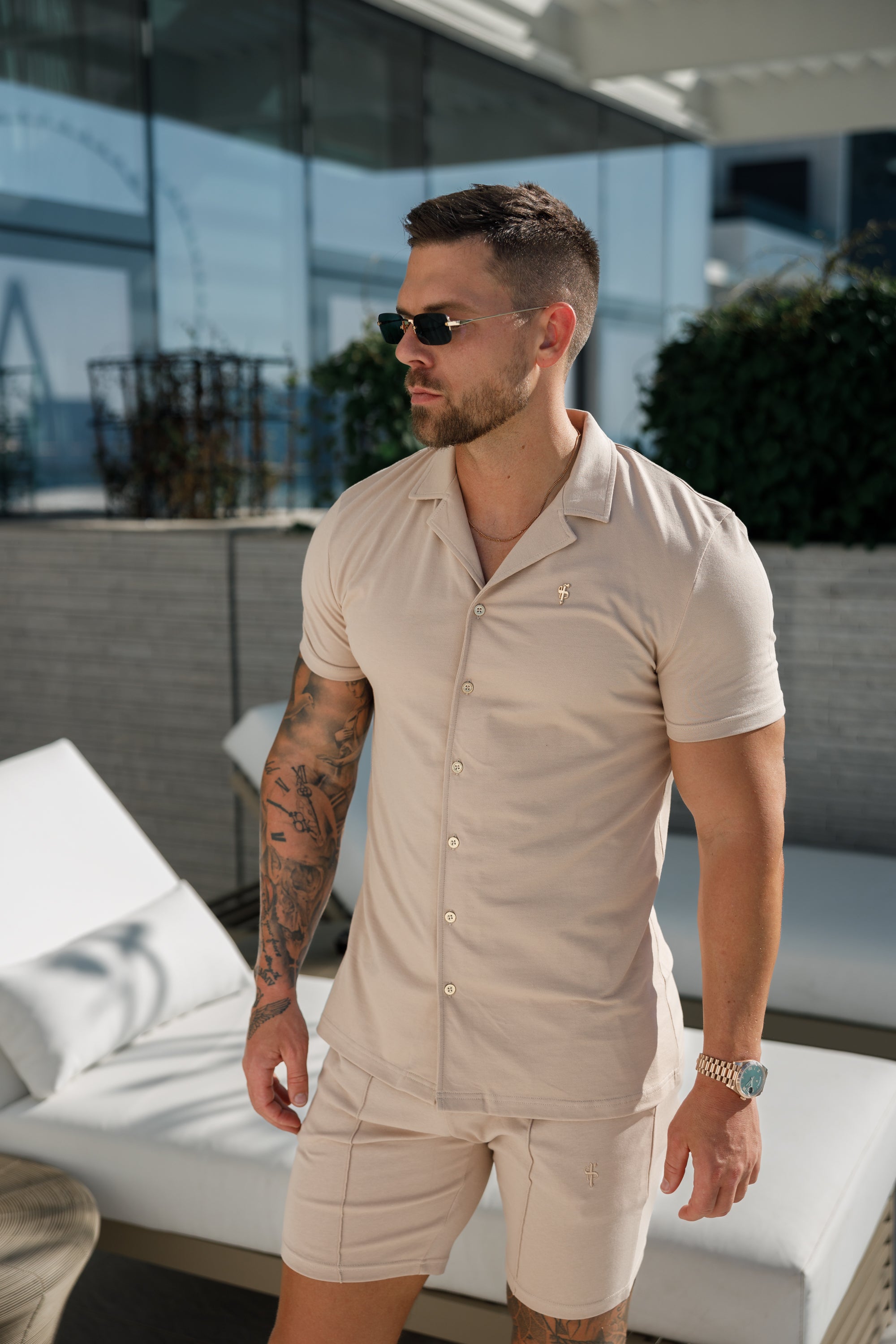 Stretch Beige / Gold Pique Revere Shirt Short Sleeve - FSH1075