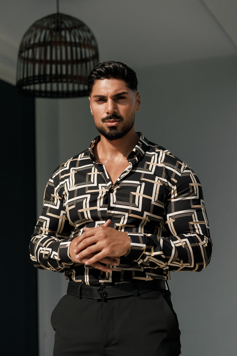 Father Sons Super Slim Stretch Black / Cream Interlinked Square Print Long Sleeve with Button Down Collar - FS850