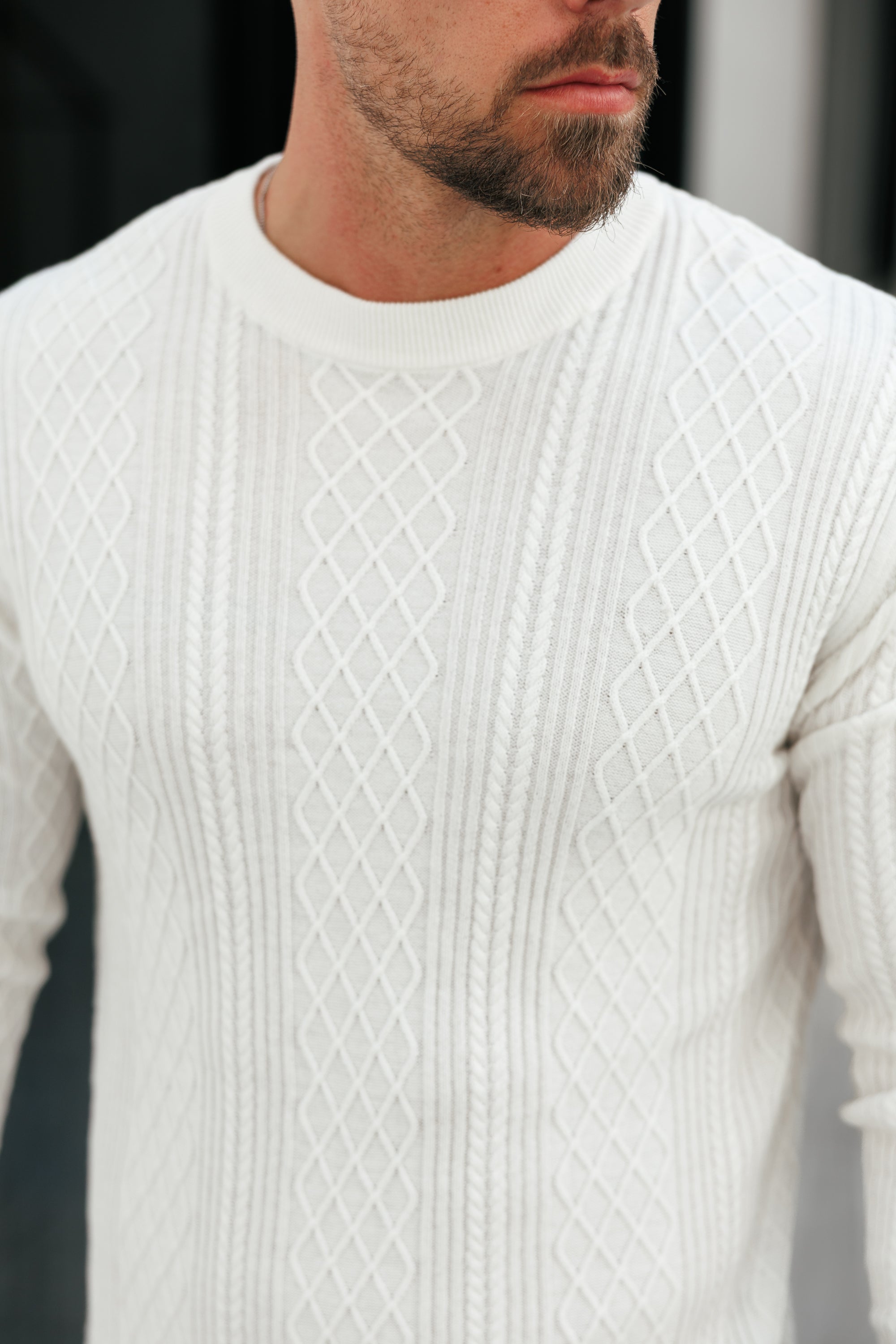 Fine Knit Diamond Off White Jumper Long Sleeve  -  FSA005