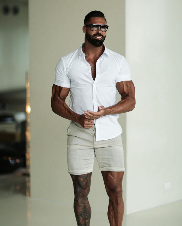 Father Sons Super Slim White Short Sleeve Stretch with Back Box Pleat and Side Seam Detail - FS944
