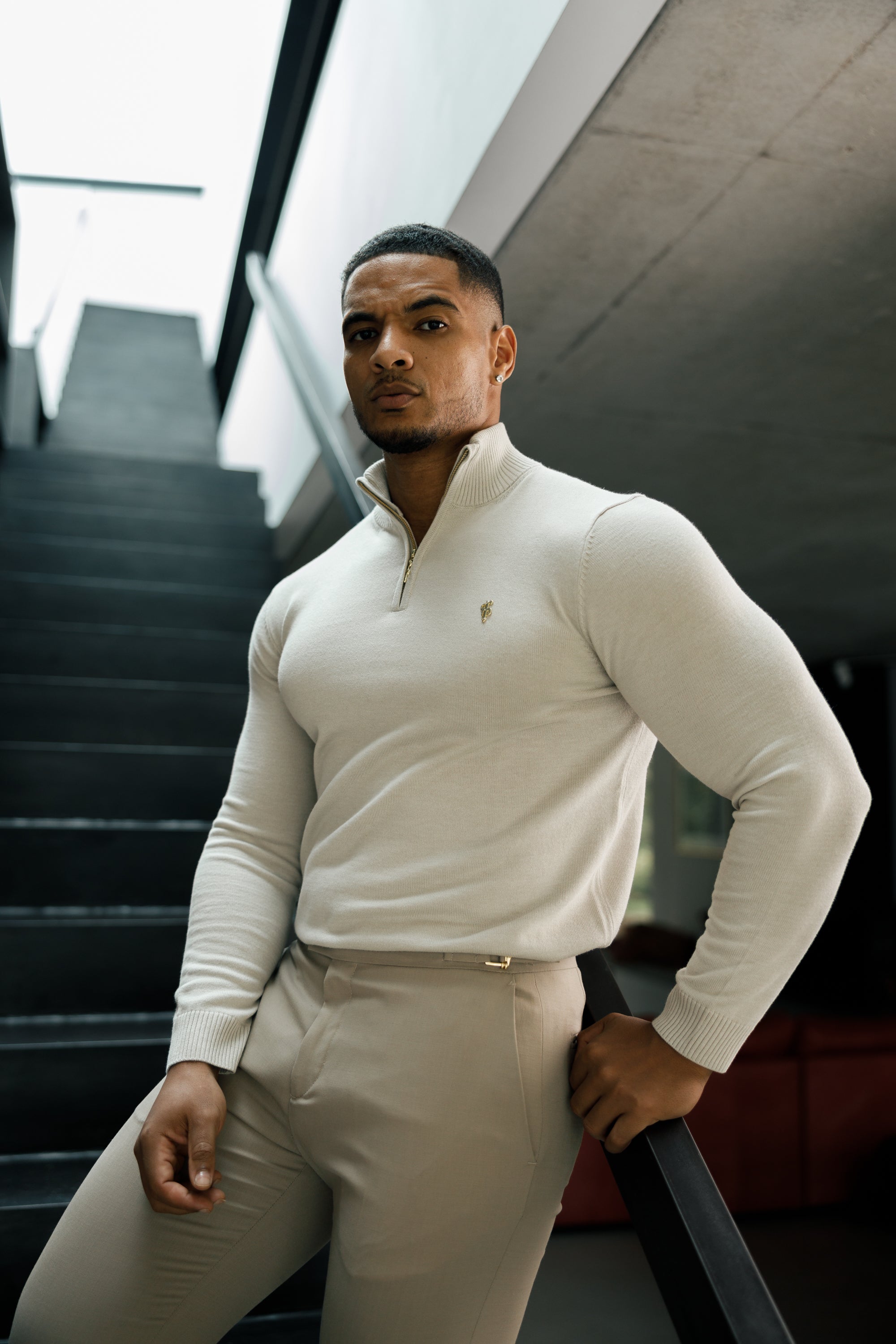 Beige Funnel Neck 1/2 Zip Knitted Jumper - FSN118