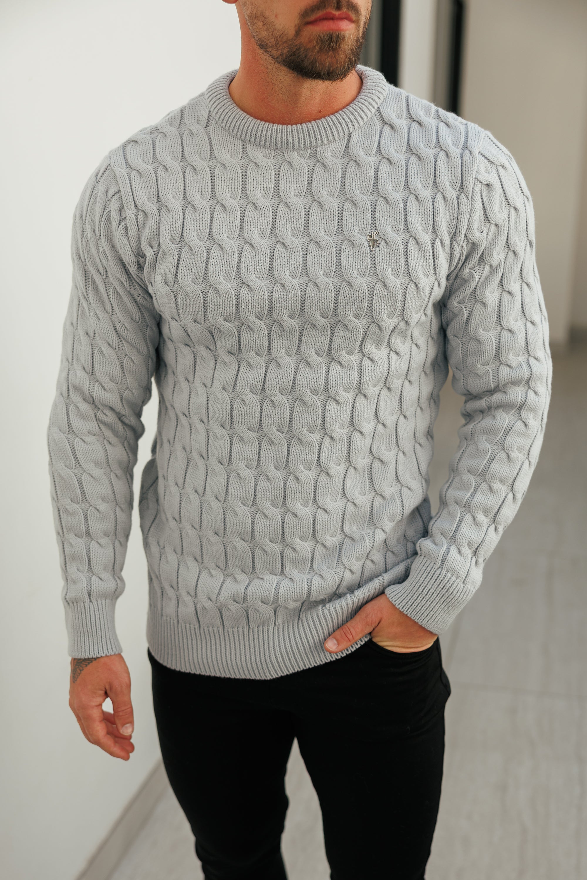 Link Weave Knit Cop Grey Crew Neck Jumper - FSJ129