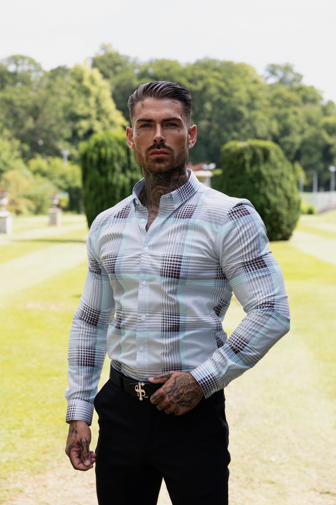 Super Slim Stretch Aqua Check Print Long Sleeve with Button Down Collar - FS914