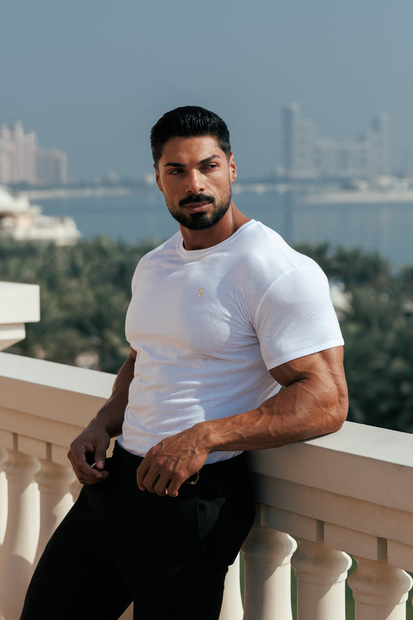 Father Sons Classic White Bamboo Crew with Gold Metal Emblem Decal FSH1381