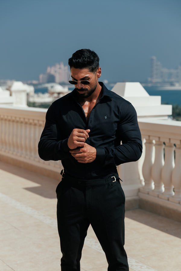 FS Super Slim Stretch Black Denim Long Sleeve with Gunmetal Metal Decal and Cutaway Collar - FS1169