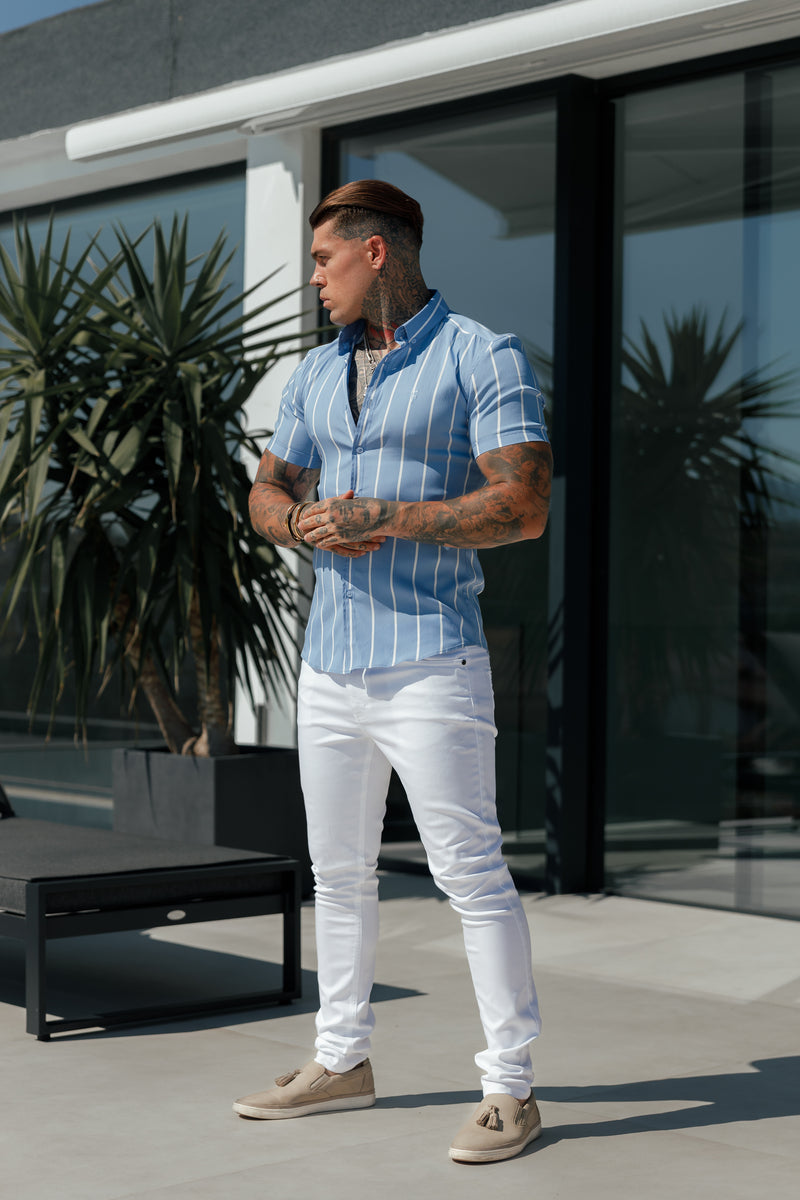 Father Sons Super Slim Stretch Blue Printed Wide Stripe Short Sleeve with Button Down Collar - FS1054