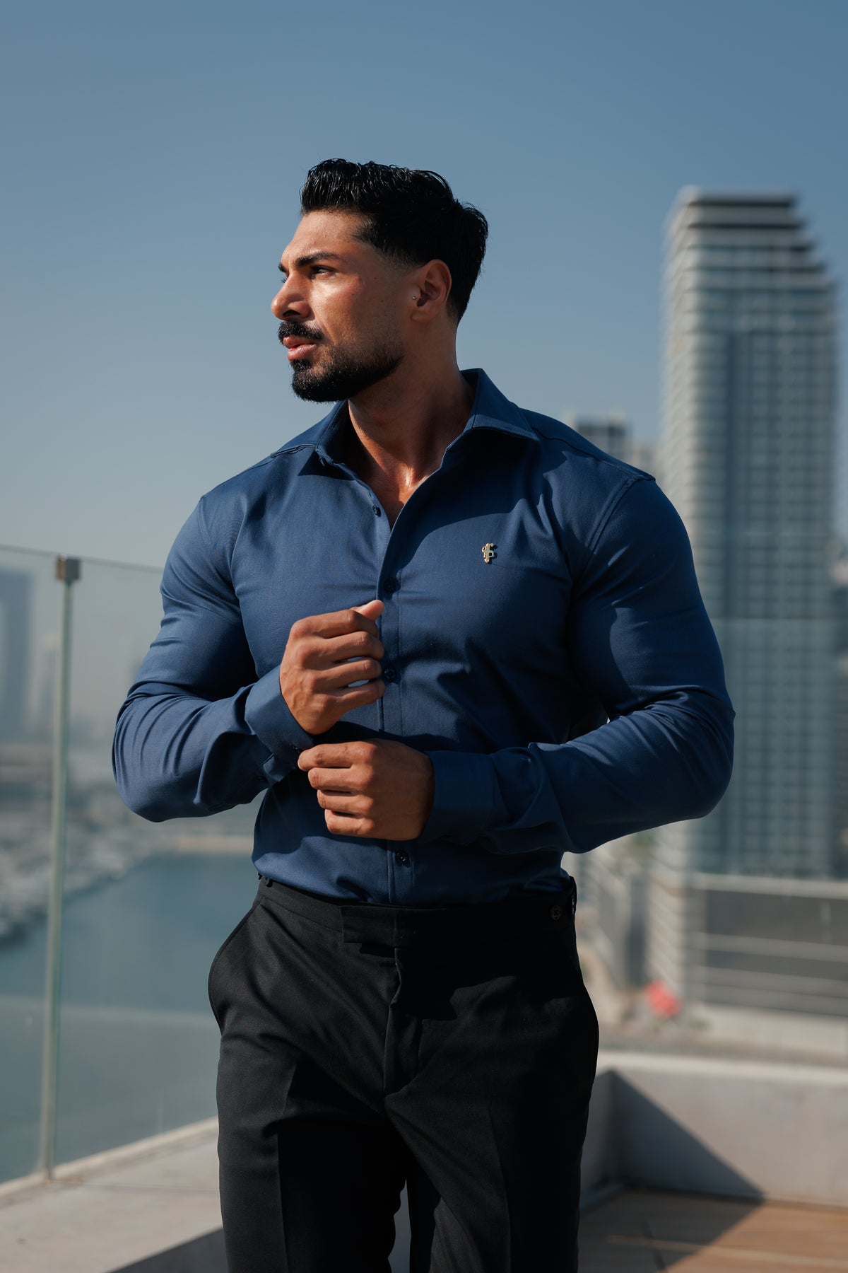 Super Slim Stretch New Navy Denim Long Sleeve with Gold Metal Decal and Cutaway Collar - FS1314