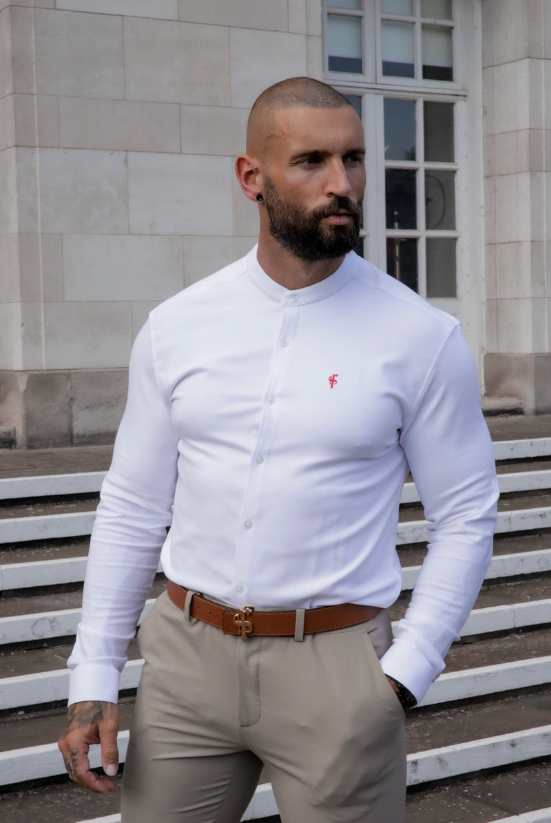 Father Sons Super Slim Scuba White / Red Long Sleeve Stretch With Grandad Collar - FS939