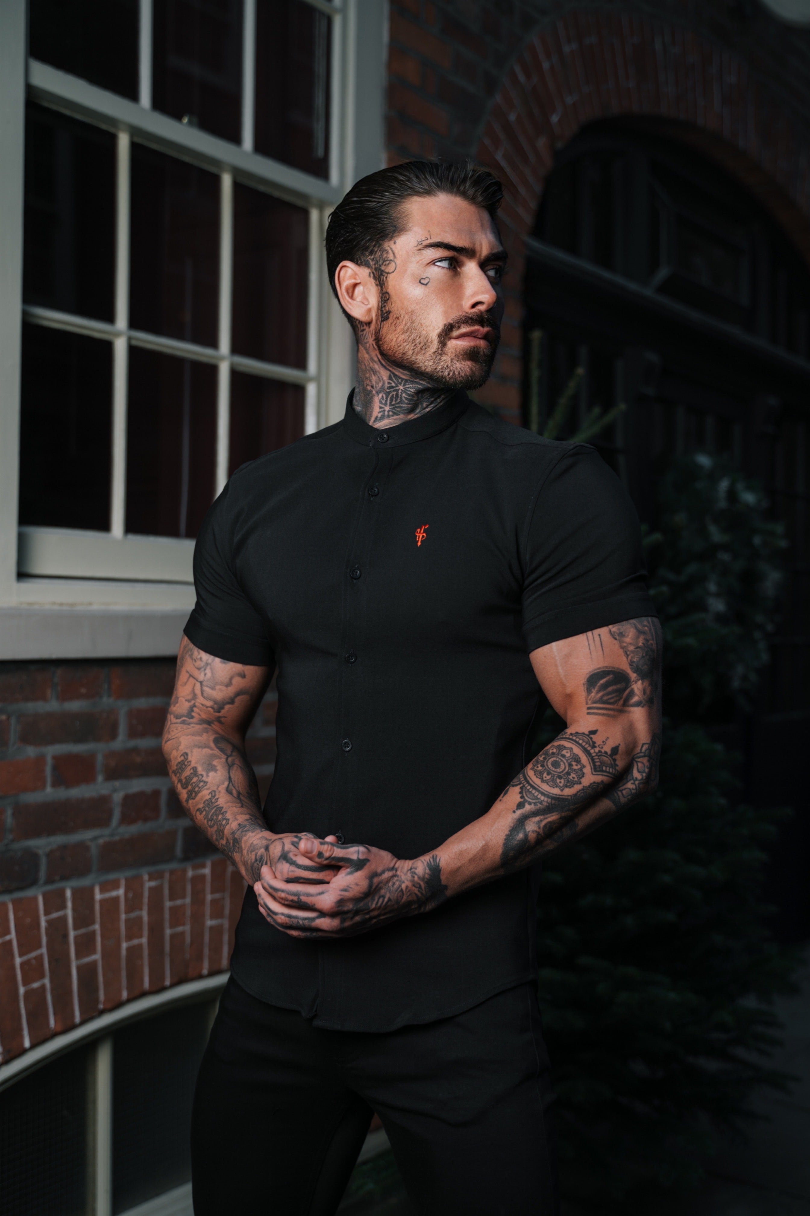 Super Slim Scuba Black Short Sleeve Stretch With Grandad Collar - FS930
