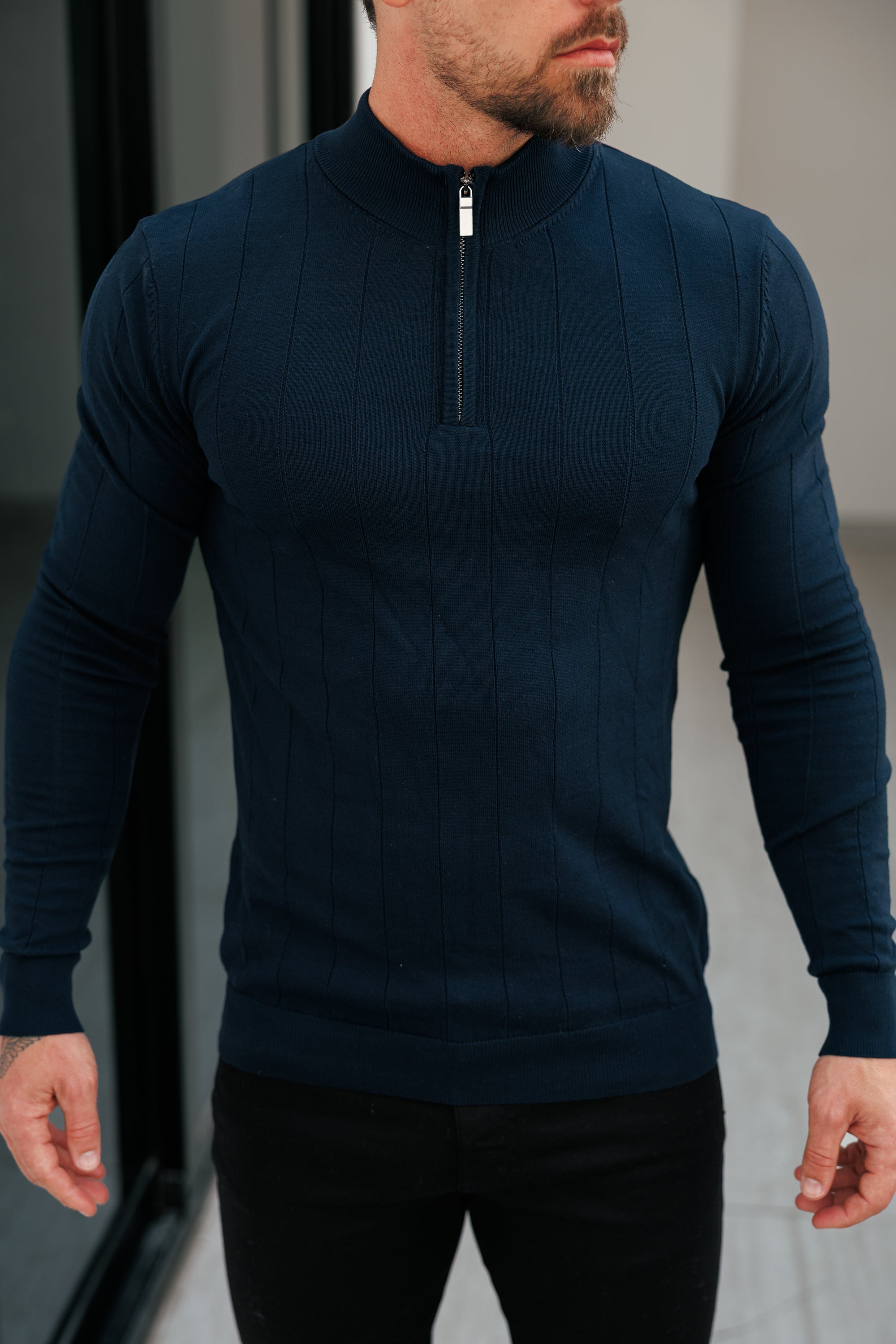 Self Stripe 1/4 Zip Funnel Neck Knit Jumper Navy Long Sleeve  -  FSR049