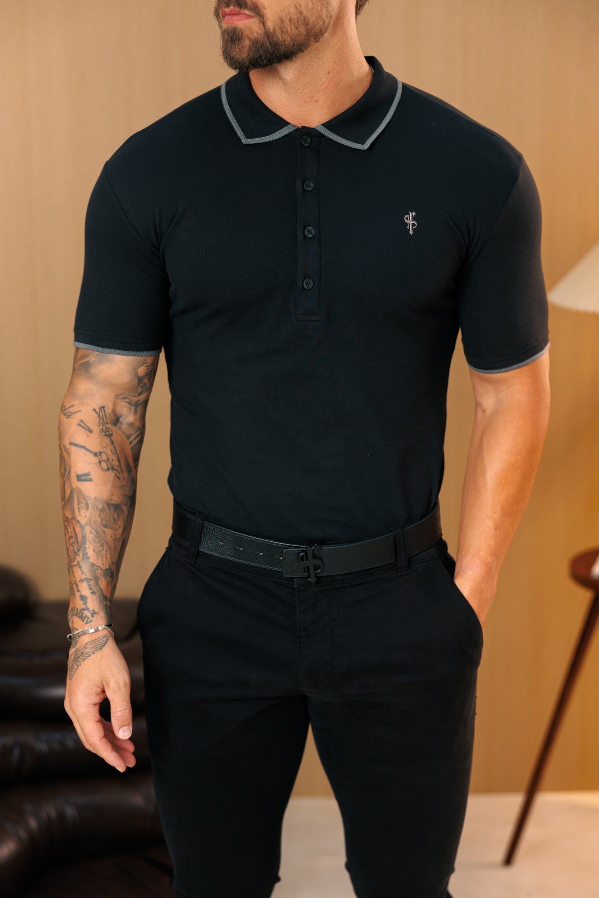 Black / Charcoal Polo Shirt With Contrast Collar and Sleeve - FSH1670
