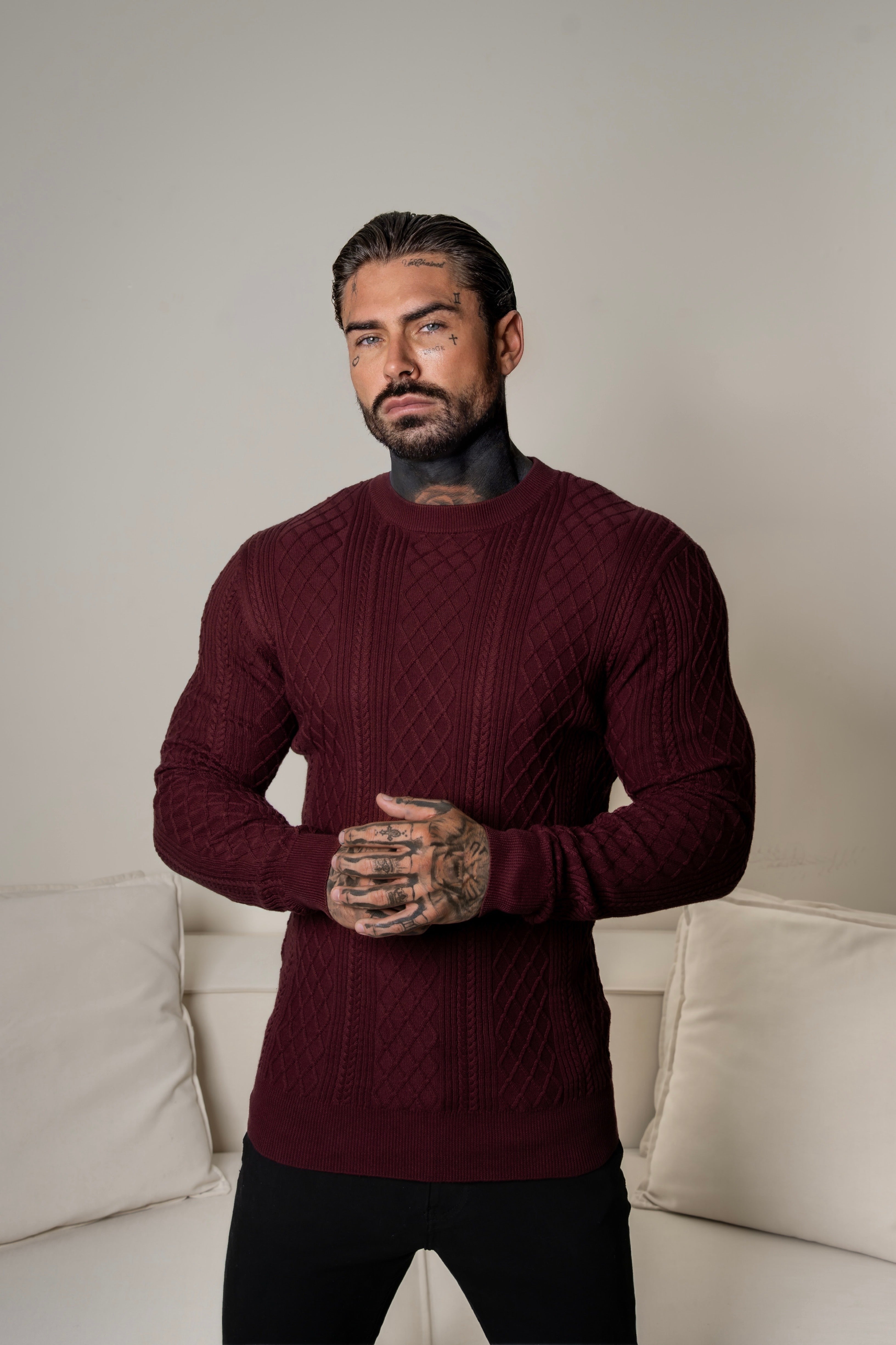 Fine Knit Diamond Burgundy Jumper Long Sleeve  -  FSA008