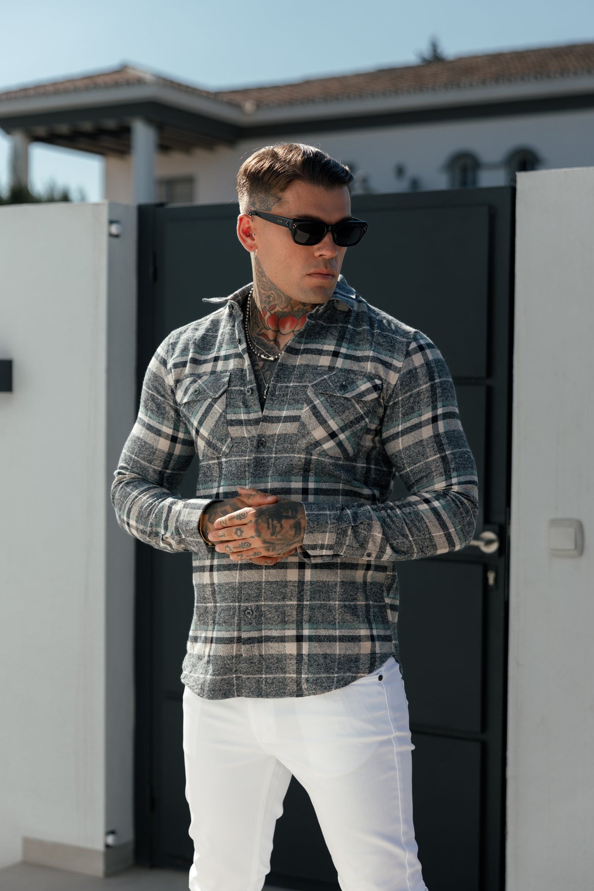 Sage / Grey Check Shacket With Double Pockets - FS1075