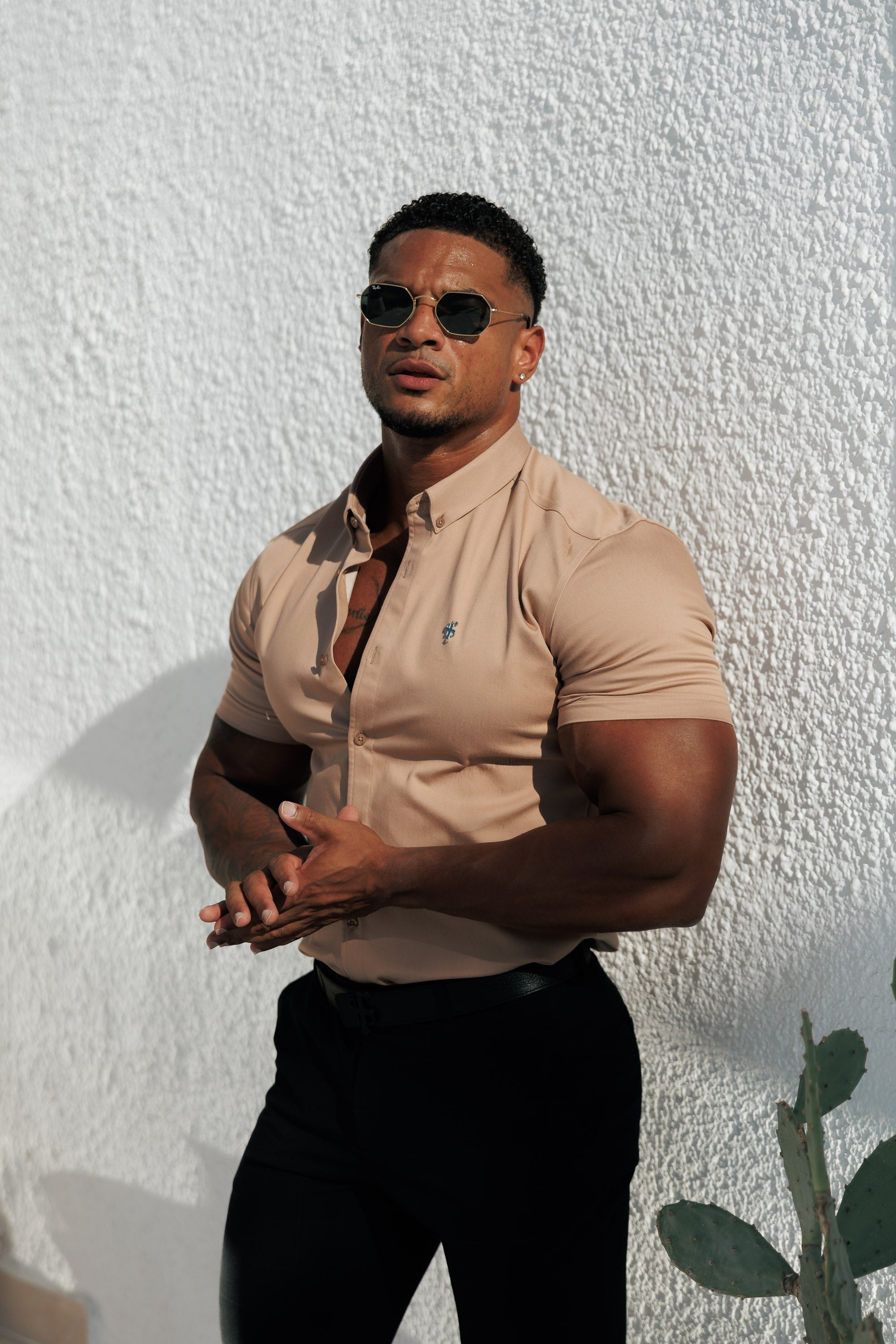 Super Slim Stretch Light Tan Denim Short Sleeve with Button Down Collar - FS1133