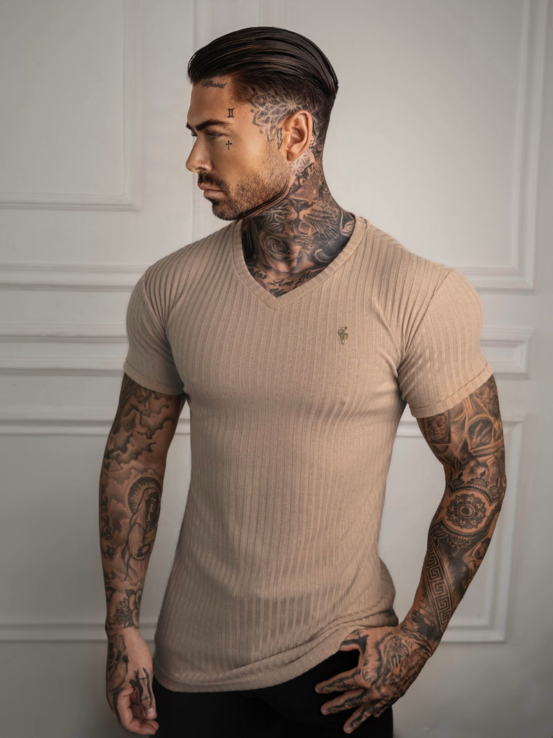 Father Sons Super Slim Beige / Gold V Neck Ribbed Crew - FSH1366