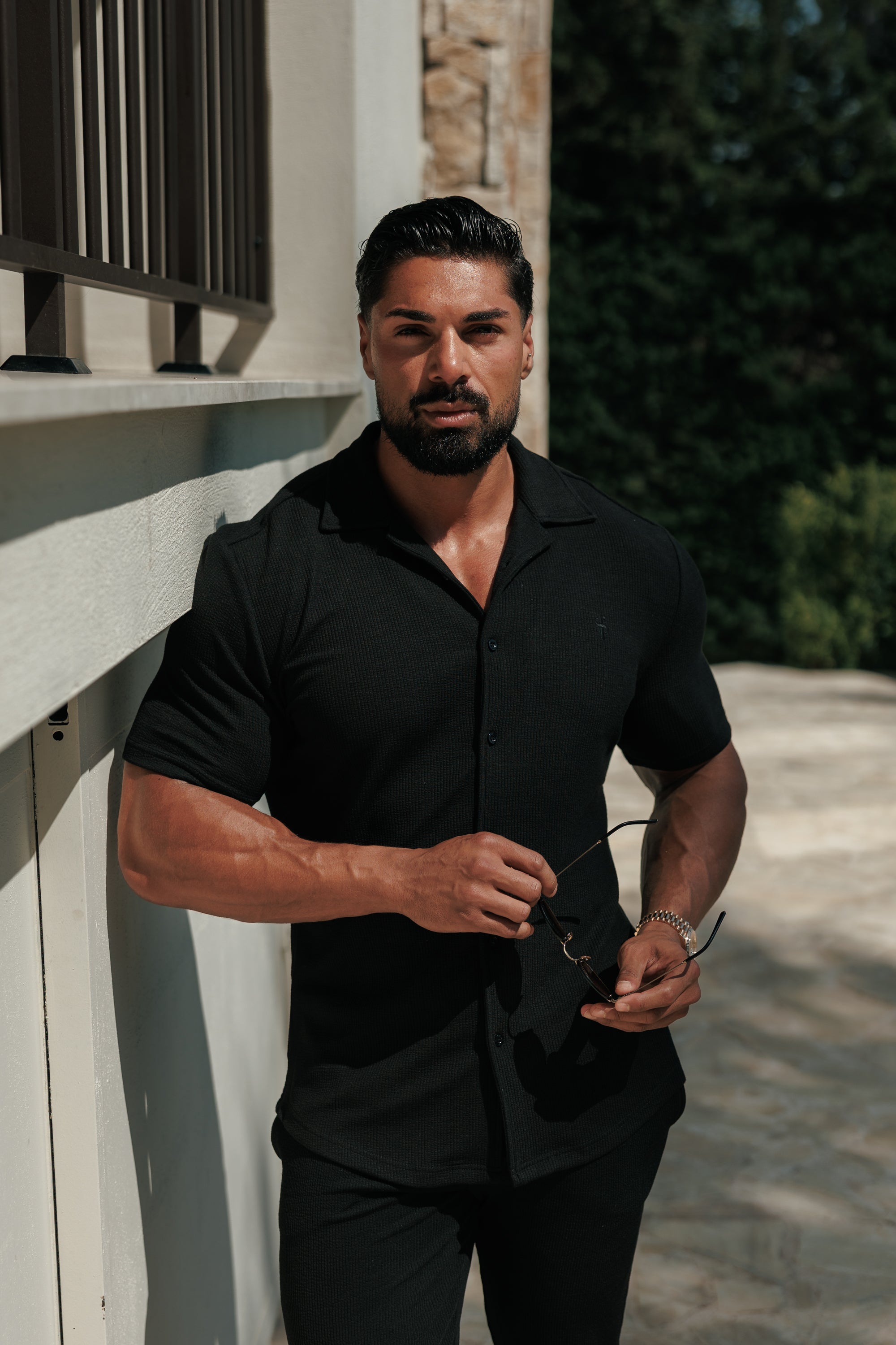 Jersey Cord Stretch Black Revere Shirt Short Sleeve - FSR070 (PRE ORDER 30TH JUNE)