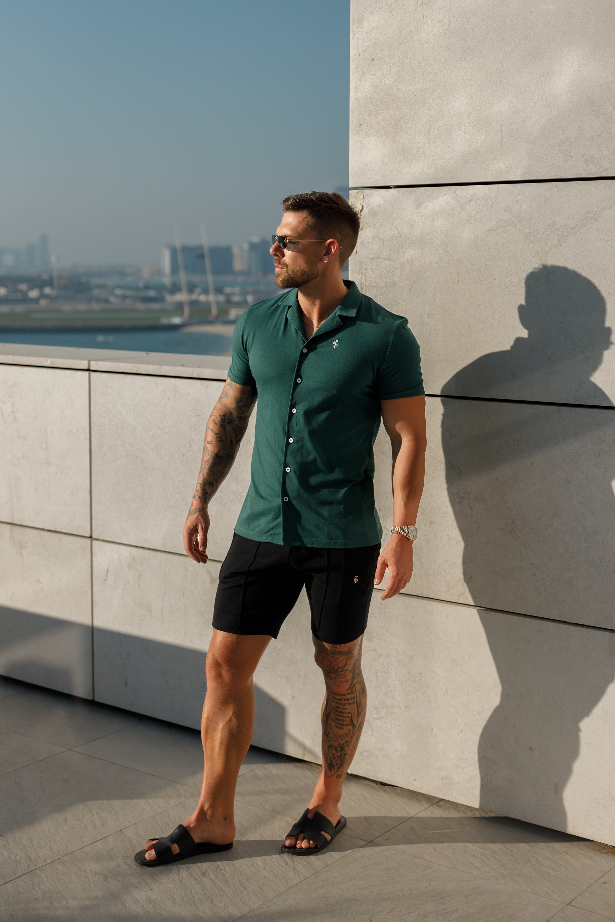 Stretch Green Pique Revere Shirt Short Sleeve - FSH1076