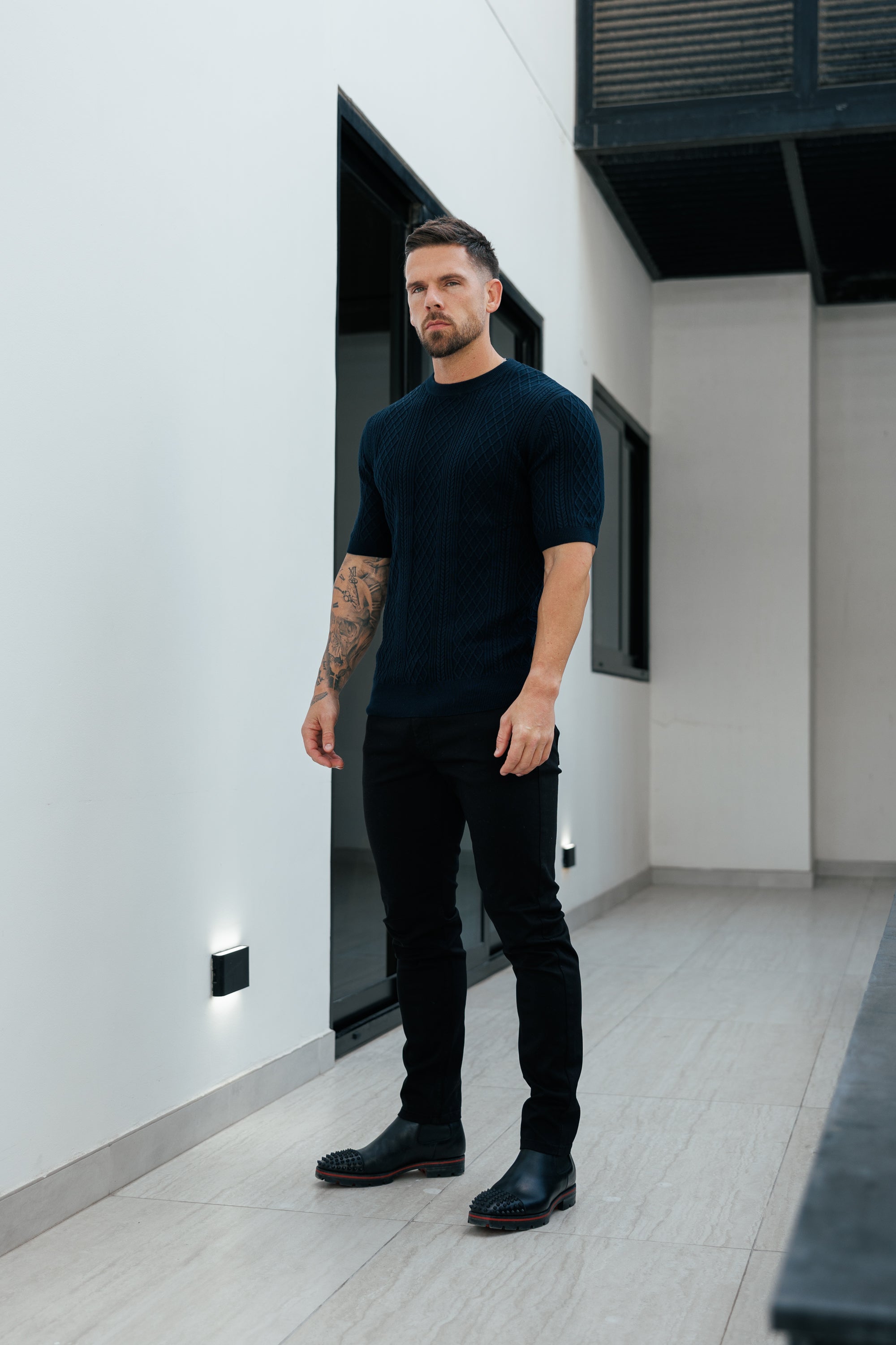 Fine Knit Diamond Navy Jumper Short Sleeve - FSA011